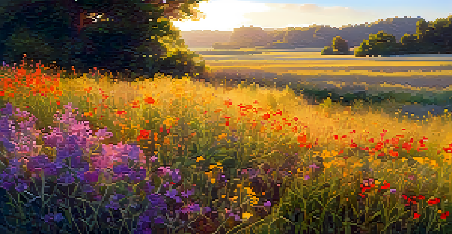 A field of wildflowers during golden hour, showcasing vibrant colors and soft golden light, with a tall flower in the foreground.