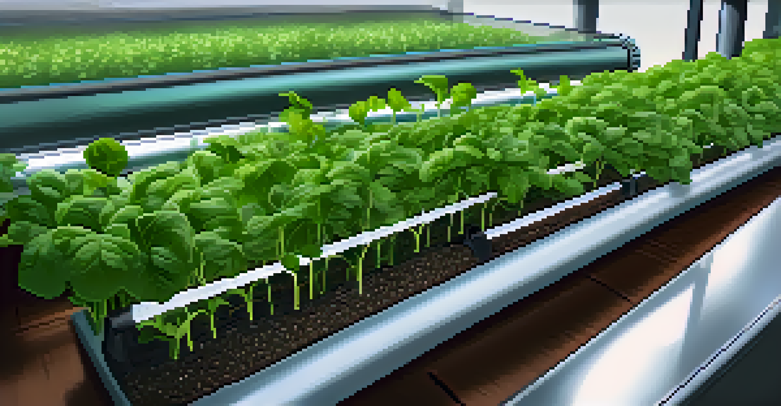 An indoor hydroponic system with clear tubes supporting leafy greens and herbs, illuminated by warm lighting.