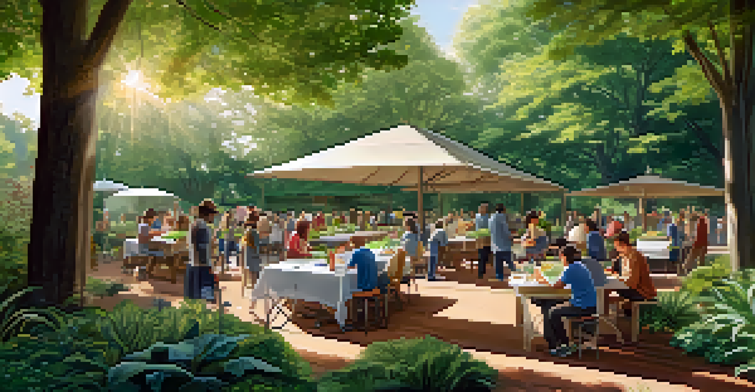 A diverse group of people participating in a hands-on workshop in a botanical garden, with tables set up for gardening activities under tree canopies.