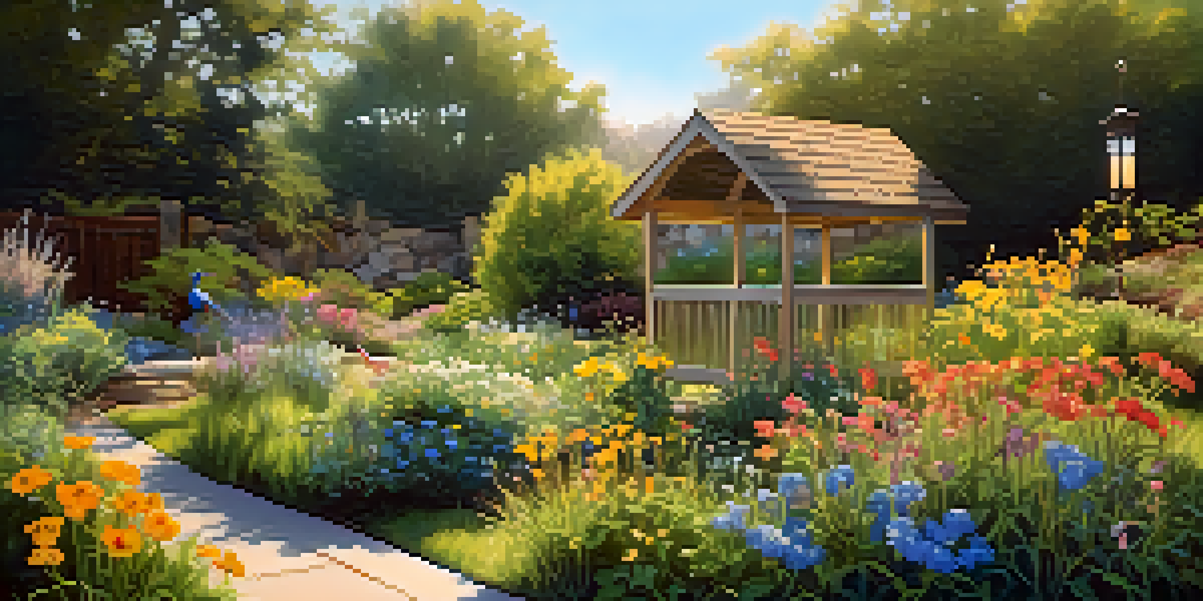 A colorful garden with blooming native wildflowers, green shrubs, and tall grasses under warm sunlight, with butterflies and bees flying around and a bird feeder for Eastern Bluebirds.