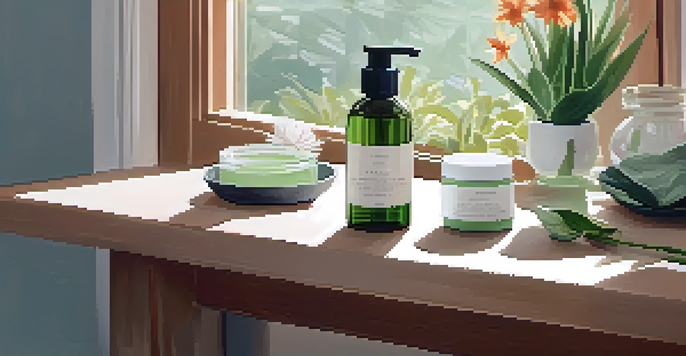 A wooden table with natural skincare products, including aloe vera gel and rosehip oil, surrounded by flowers and greenery, illuminated by soft natural light.