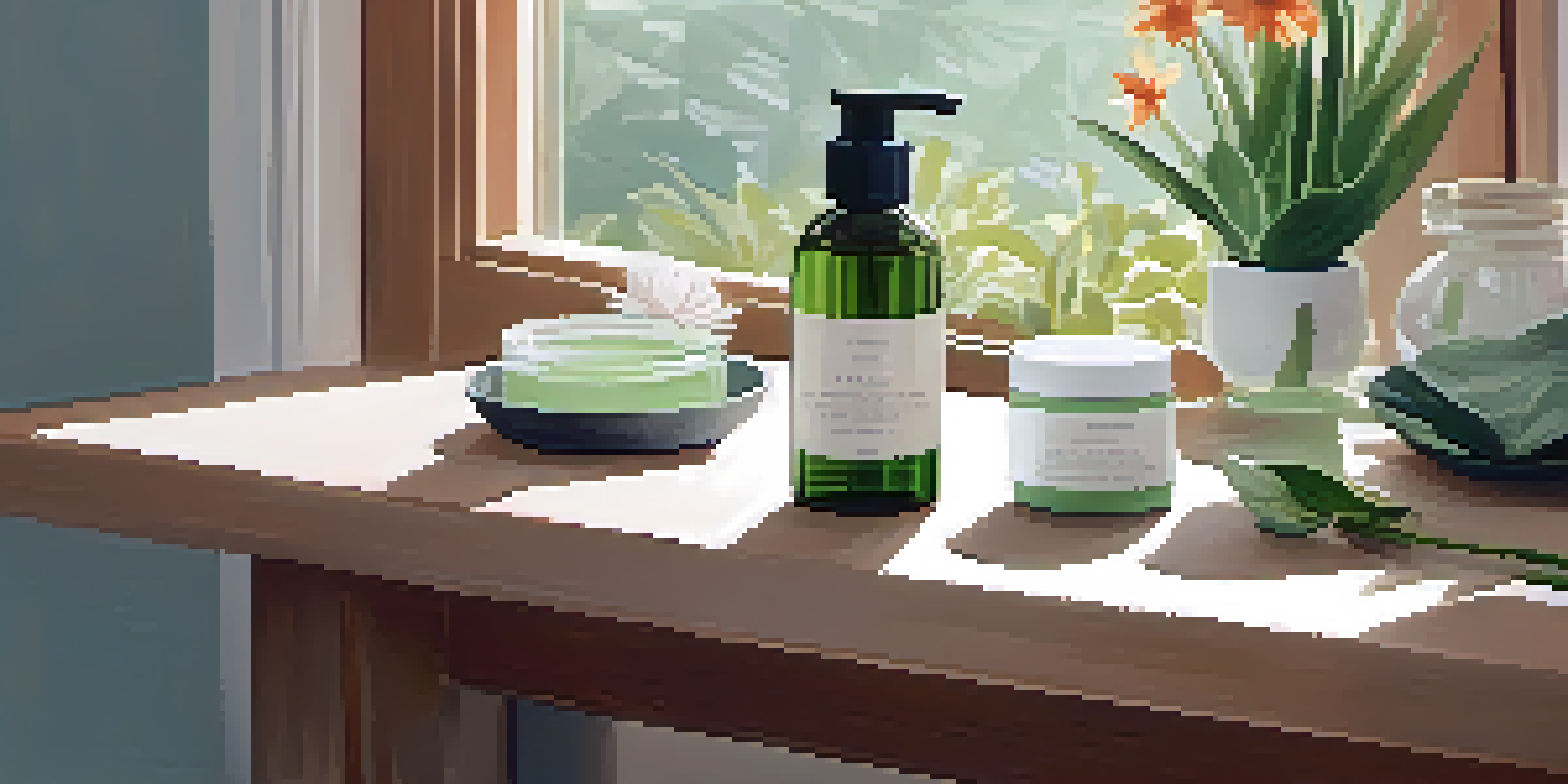 A wooden table with natural skincare products, including aloe vera gel and rosehip oil, surrounded by flowers and greenery, illuminated by soft natural light.