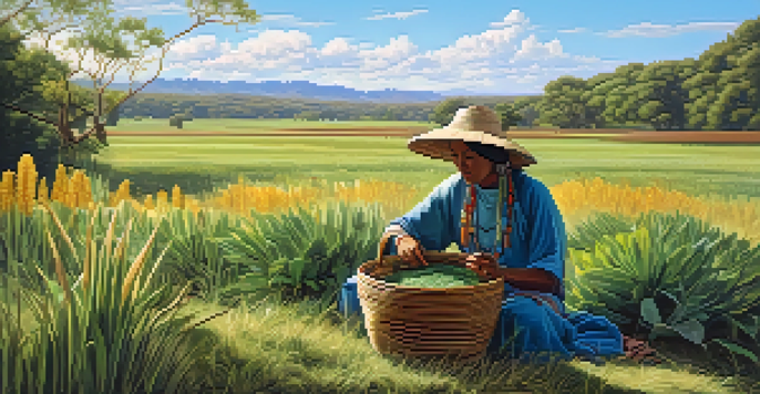 A serene landscape with native plants like sage and maize, and an Indigenous artist weaving a basket, showcasing the bond between nature and culture.