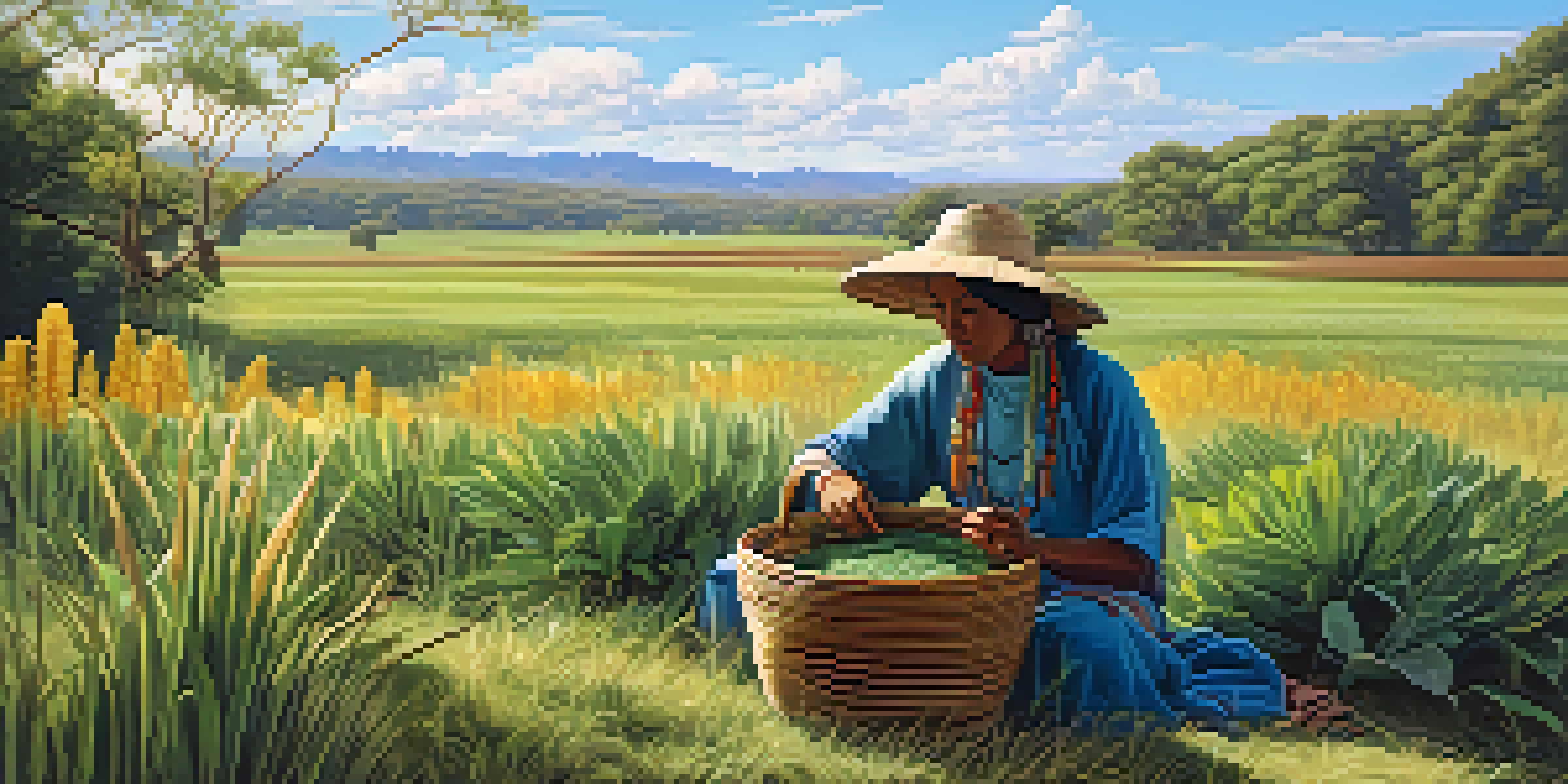 A serene landscape with native plants like sage and maize, and an Indigenous artist weaving a basket, showcasing the bond between nature and culture.