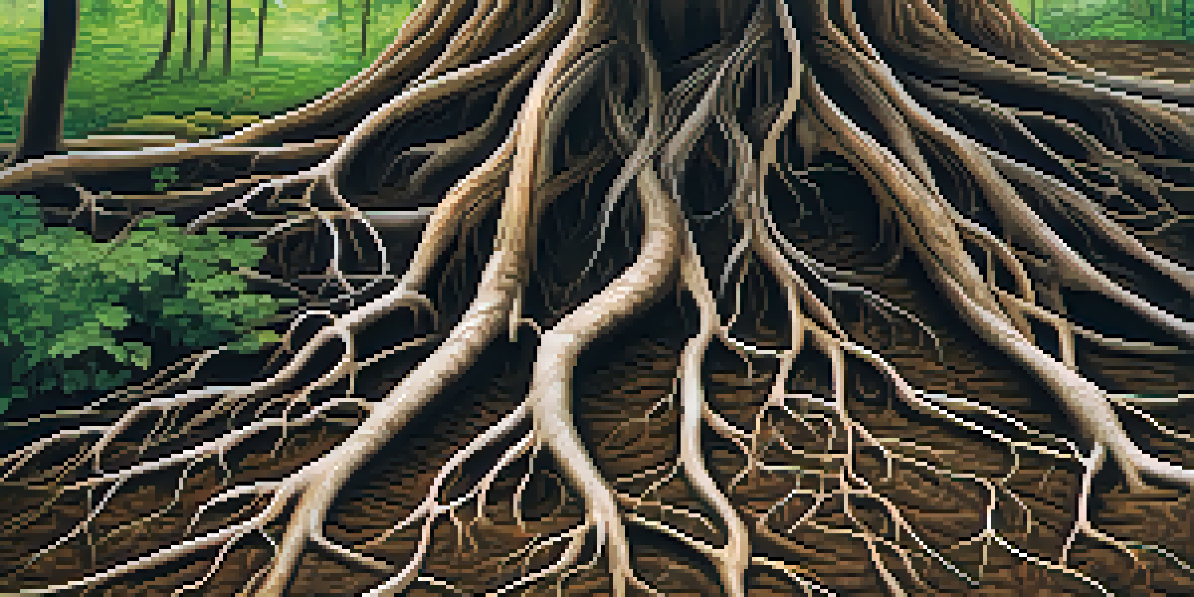 A detailed close-up of a complex root system in dark soil with green shoots, illuminated by soft sunlight.