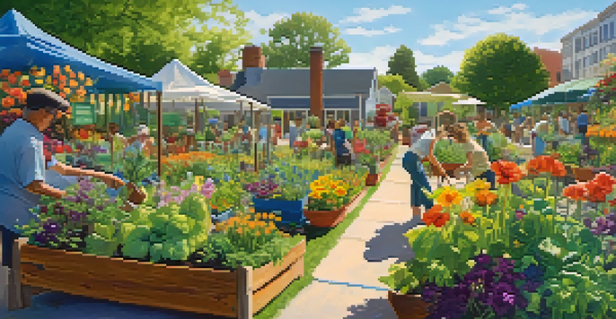 A lively community garden with people of various ages planting and tending to colorful flowers and vegetables under a sunny sky.
