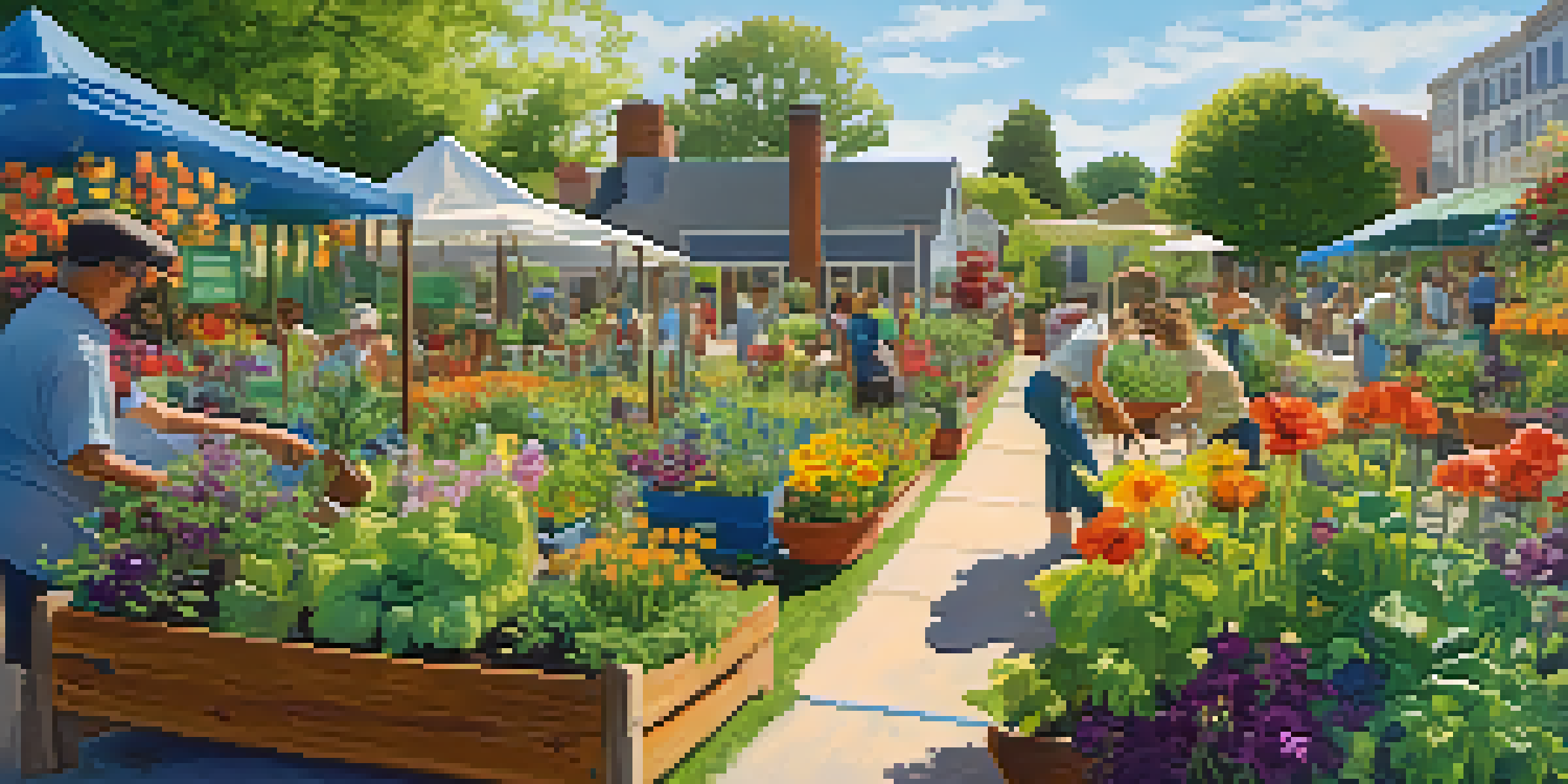 A lively community garden with people of various ages planting and tending to colorful flowers and vegetables under a sunny sky.
