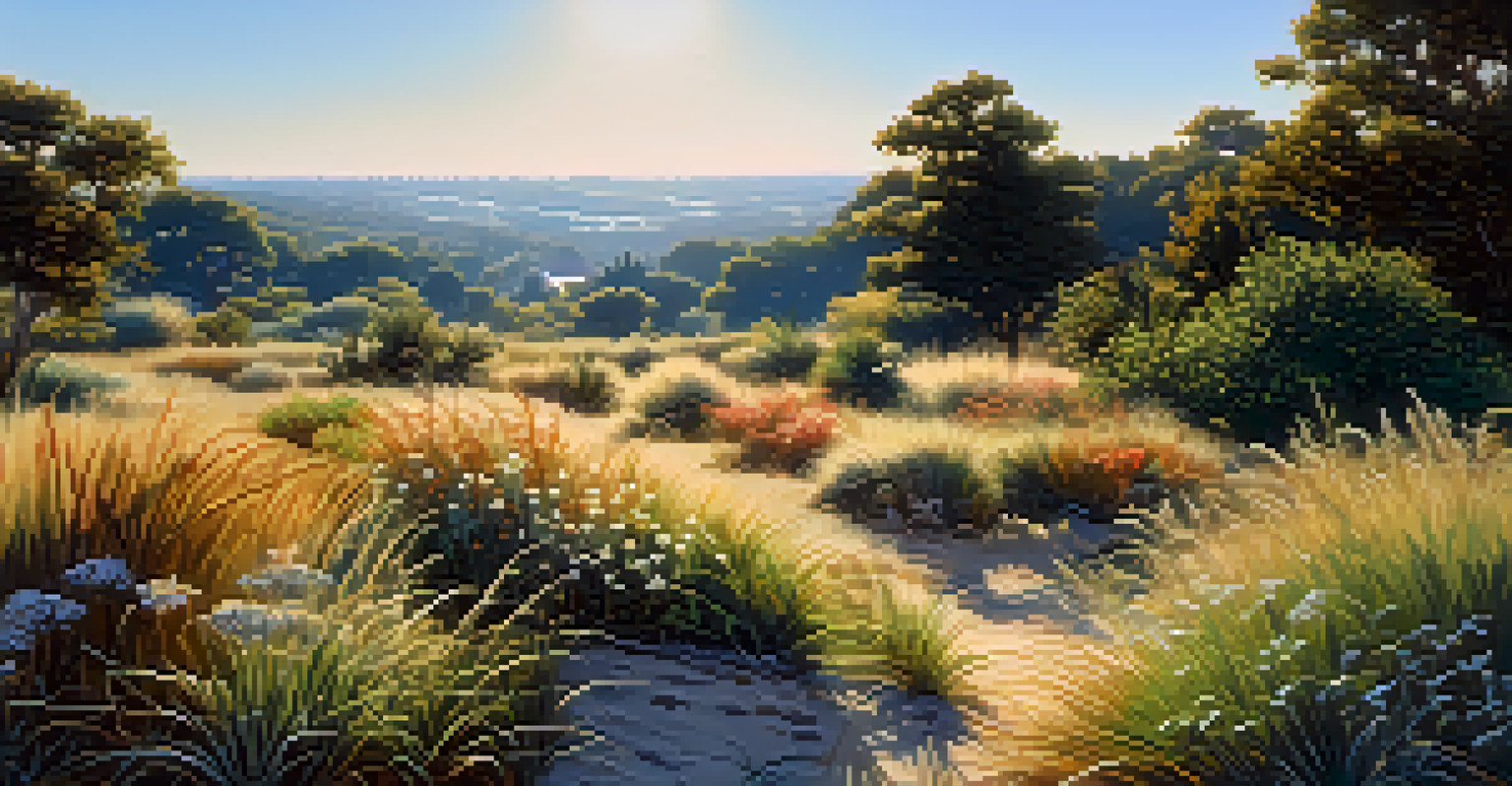 A landscape showing a variety of plants in their natural habitat with diverse leaf shapes and colors.