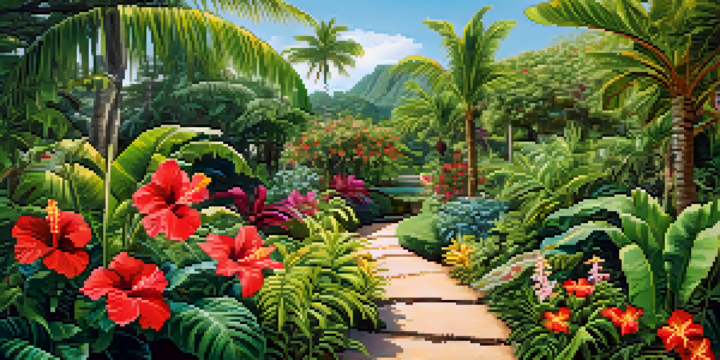 A bright tropical garden with vibrant hibiscus and banana plants, featuring a winding stone path under a blue sky.