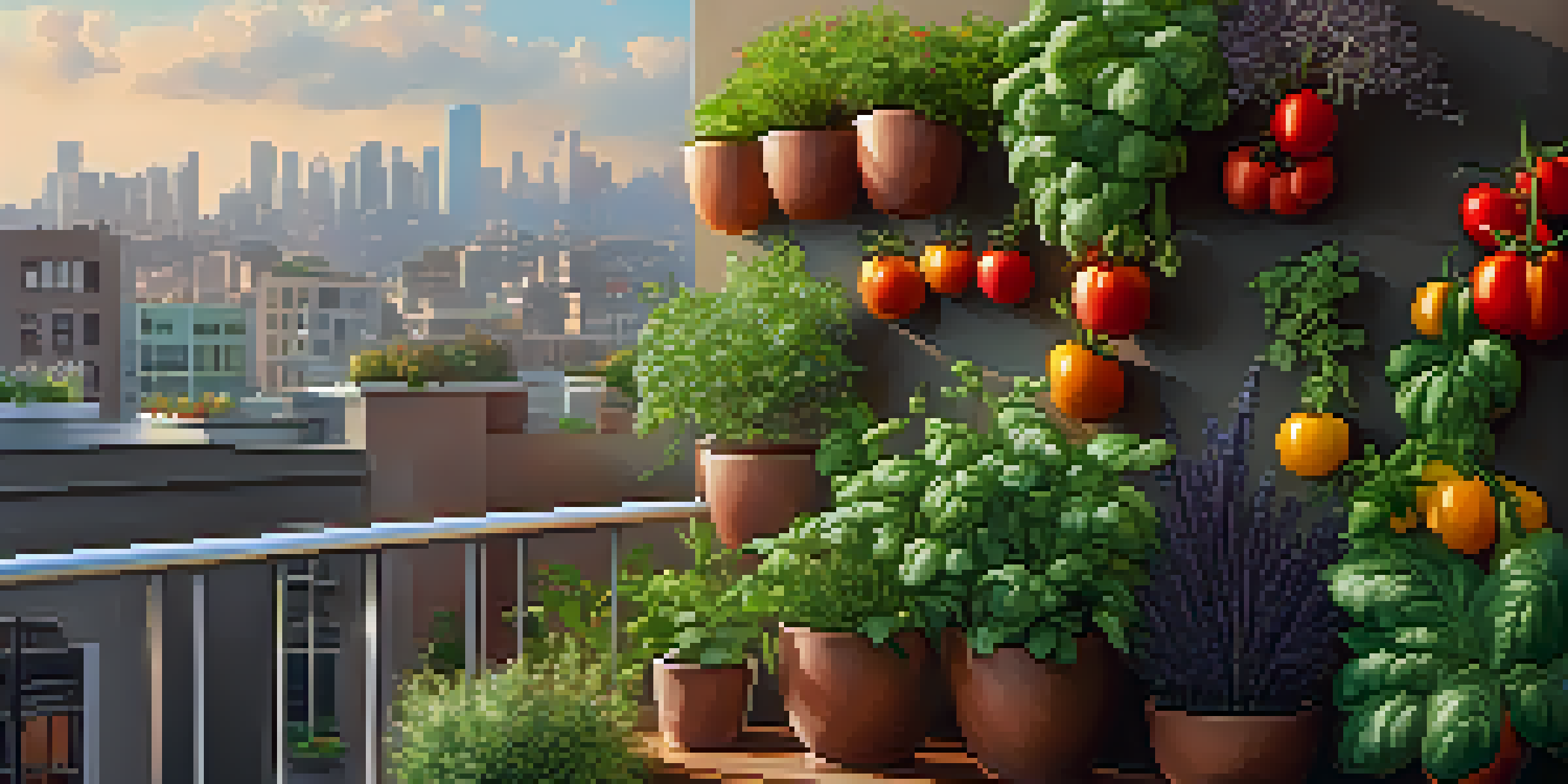 A balcony adorned with a vertical garden filled with colorful herbs and vegetables, illuminated by warm sunlight against a city skyline.