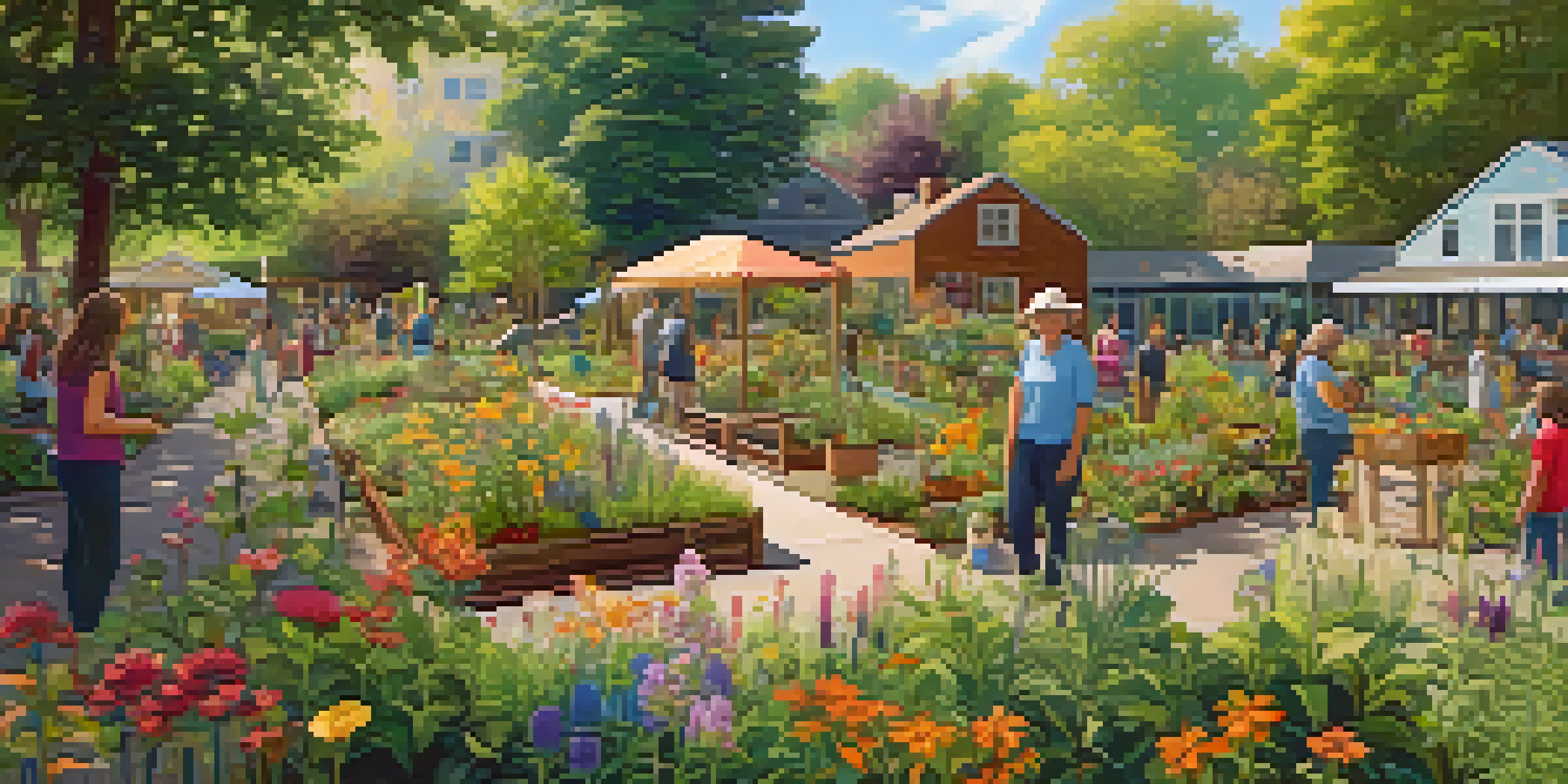 A colorful community garden featuring native plants, with people planting and caring for flowers while insects like bees and butterflies are visible.