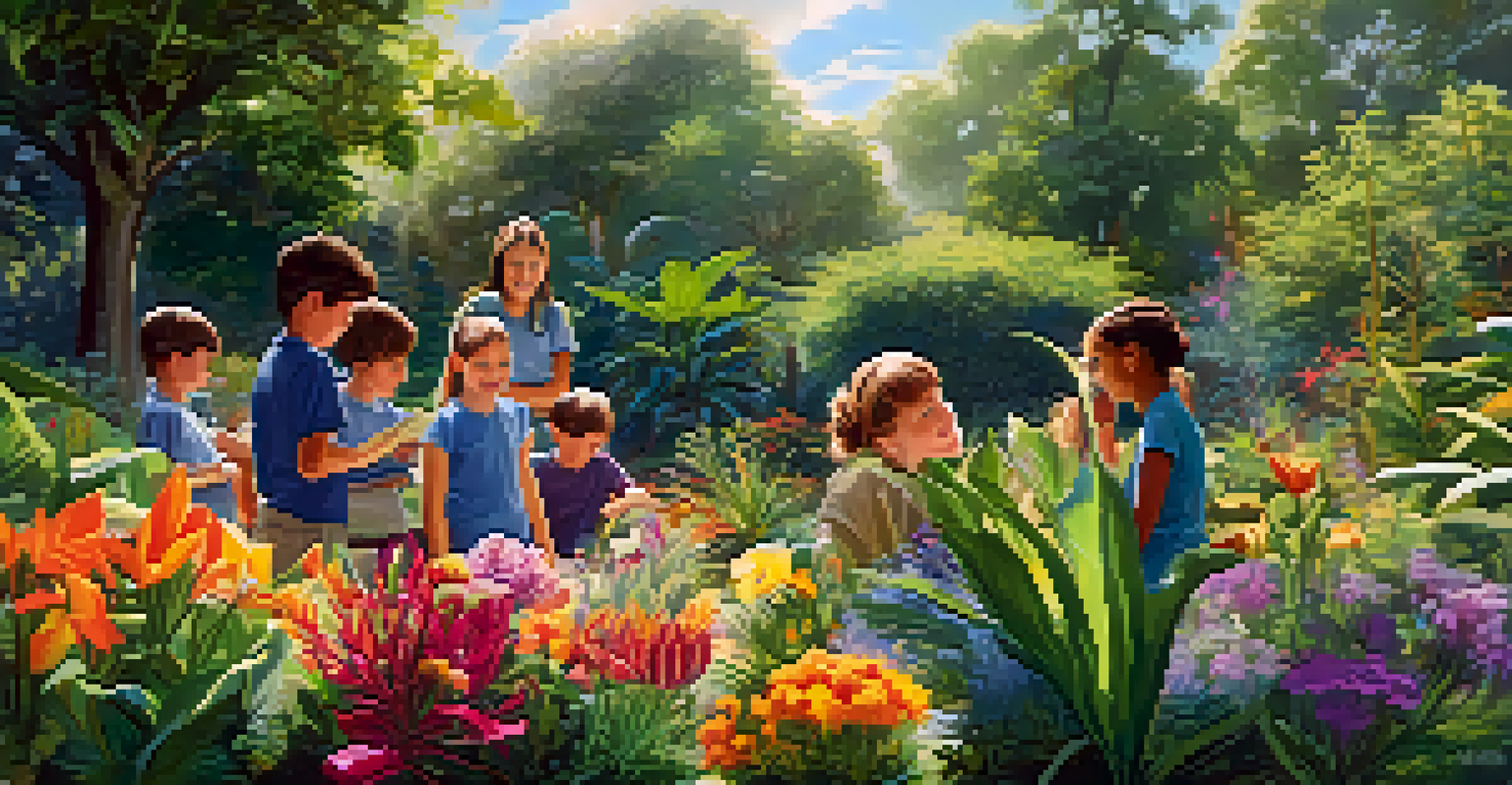 Children participating in a conservation workshop in a botanical garden, learning about endangered plants with adults.