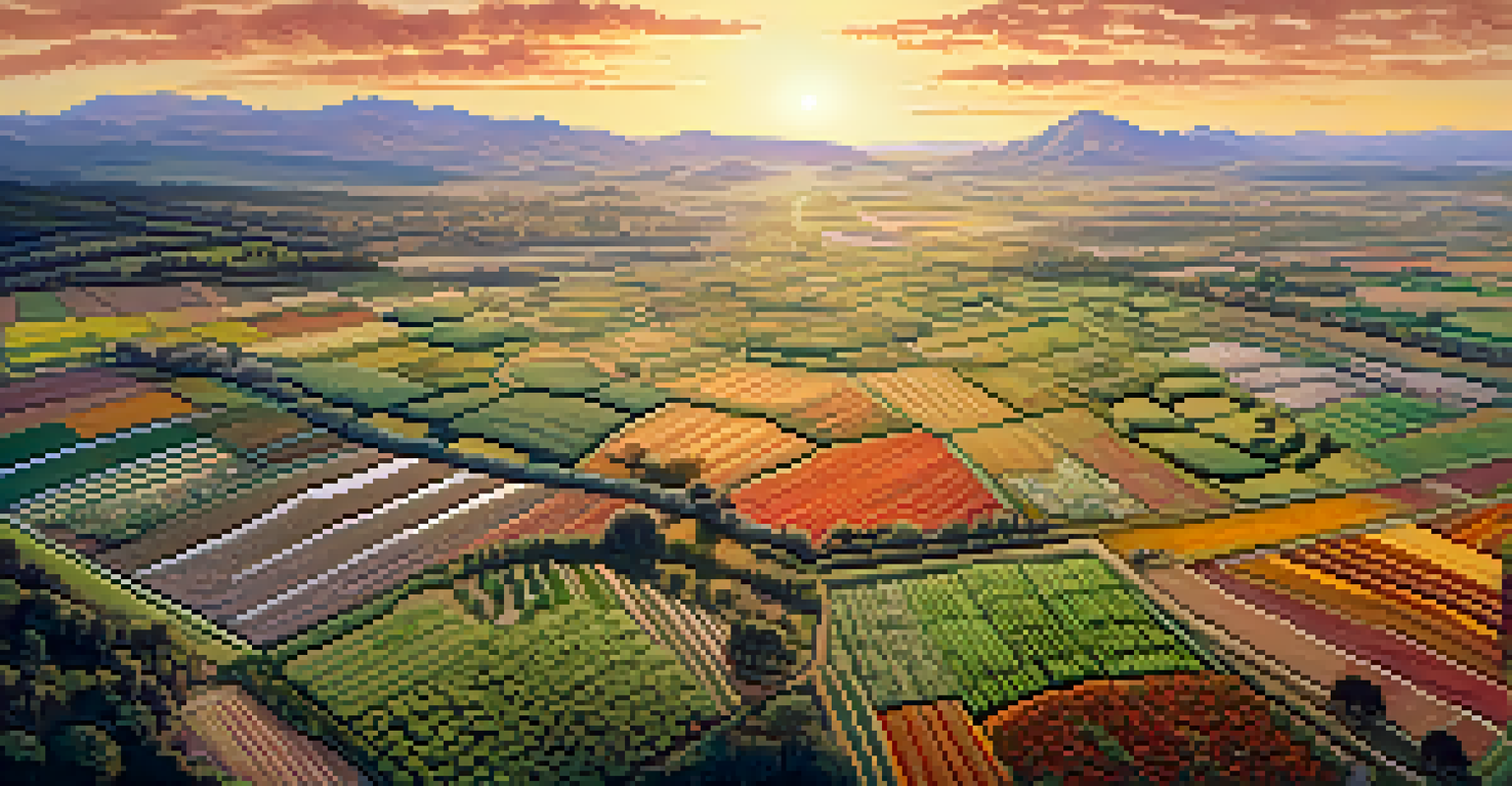 An aerial view of an agricultural landscape with diverse crops and companion plants, emphasizing biodiversity.