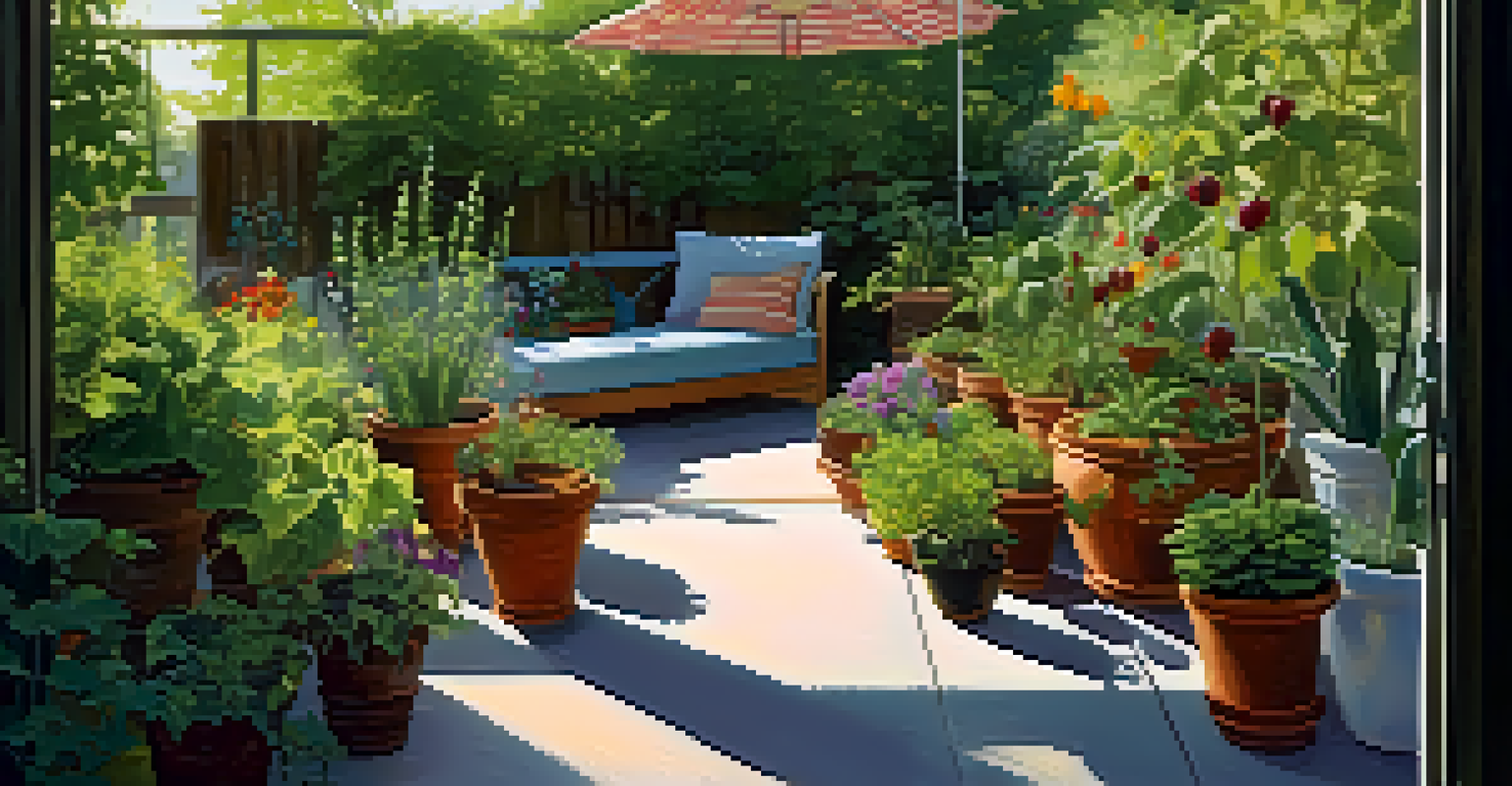 A summer container garden with various plants, a person inspecting for pests, and shade cloth above.