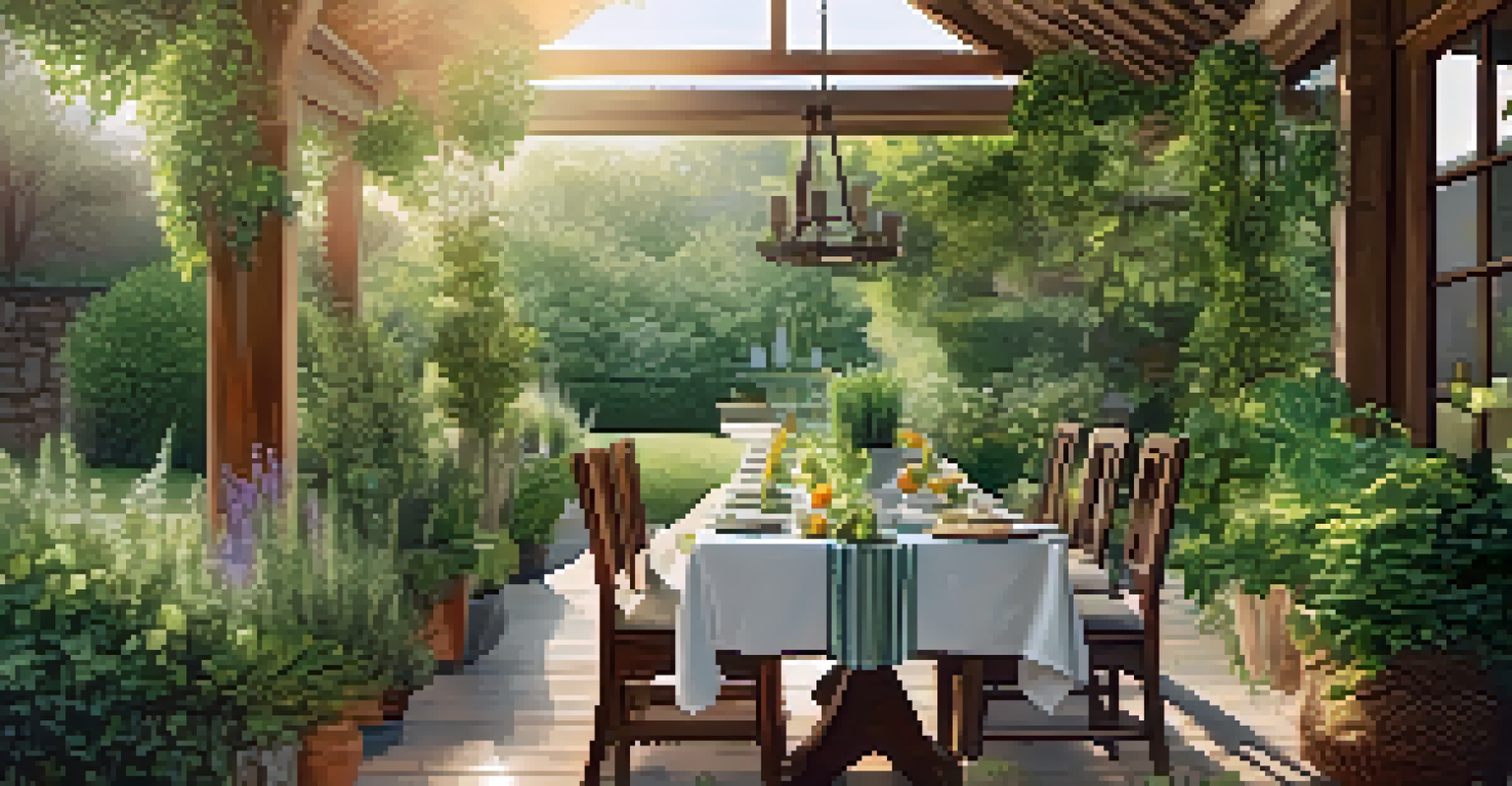 An outdoor dining area decorated with potted herbs and a wooden table set for a meal, surrounded by a lush garden.