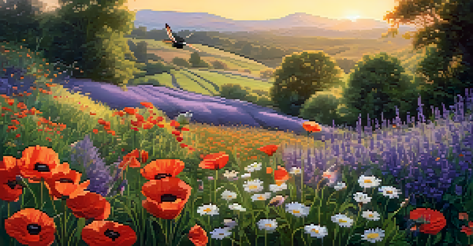 A peaceful landscape with flowering plants and hummingbirds, illuminated by warm golden hour light.