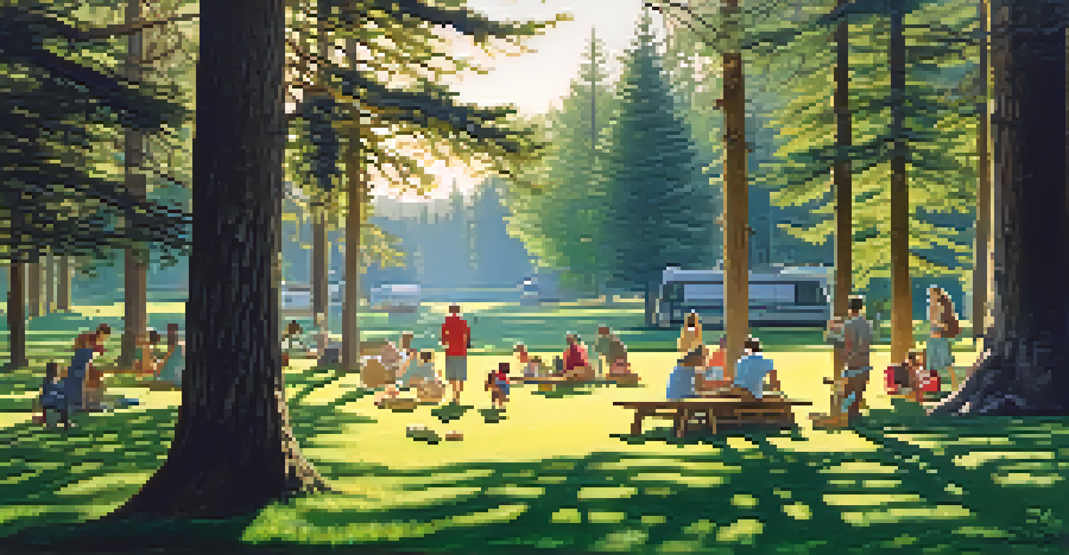 A picturesque park with evergreen trees and a family having a picnic under their shade in the morning light.
