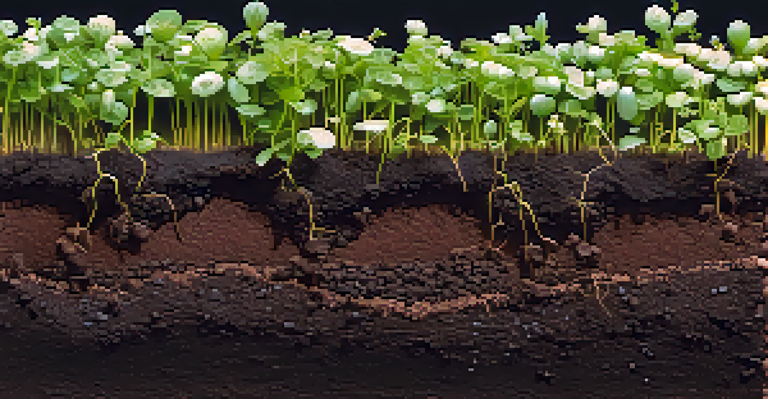 A detailed close-up of soil layers showcasing diverse roots from rotated crops, with visible organic matter and moisture droplets in natural light.