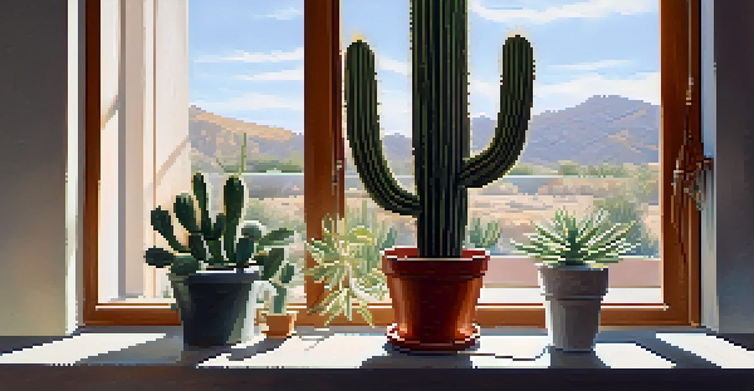 A tall cactus by a sunny window with a watering can beside it, creating a warm indoor atmosphere.