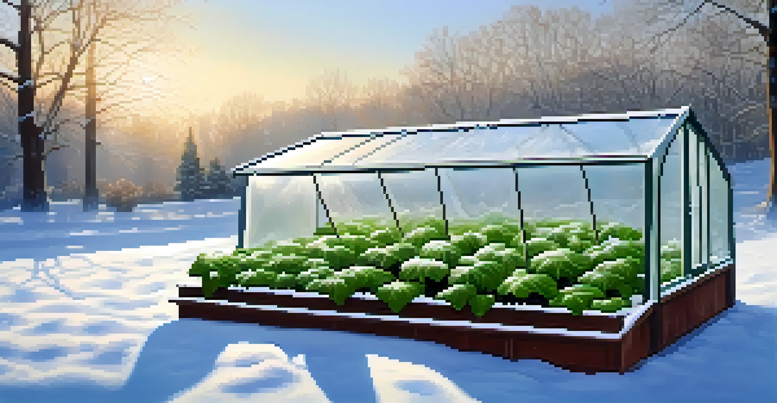A frosty cold frame in a winter garden with thriving greens inside and snow-covered trees in the background.