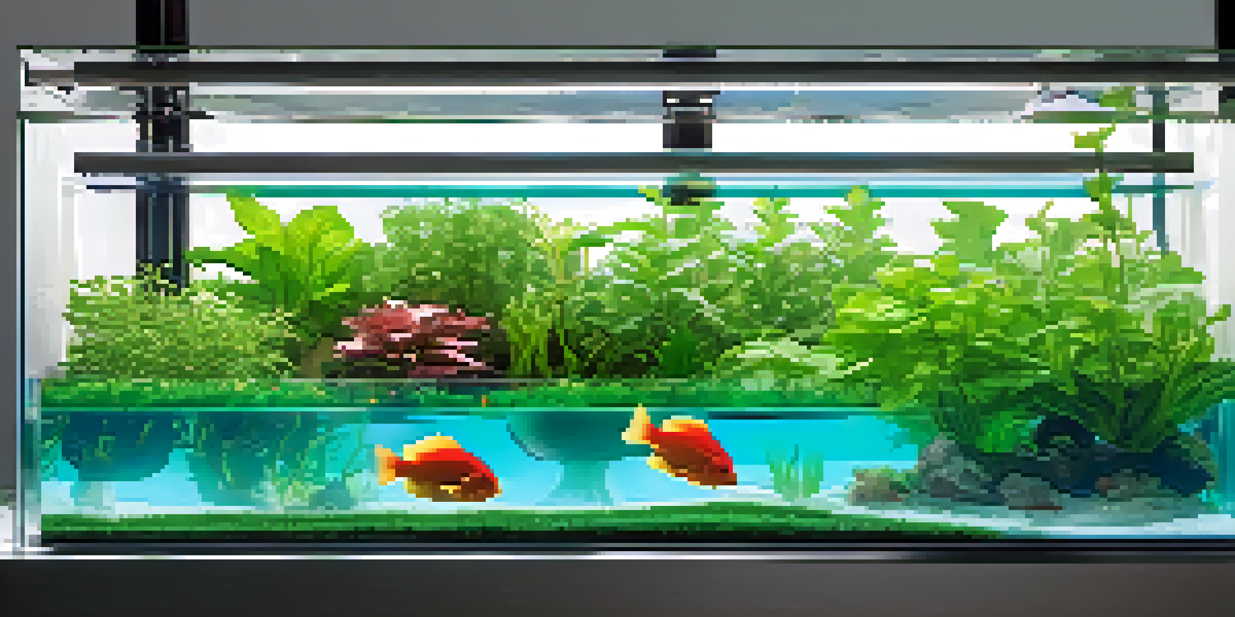 A colorful aquaponics system with fish swimming in a tank and lush green plants growing above, illuminated by sunlight.