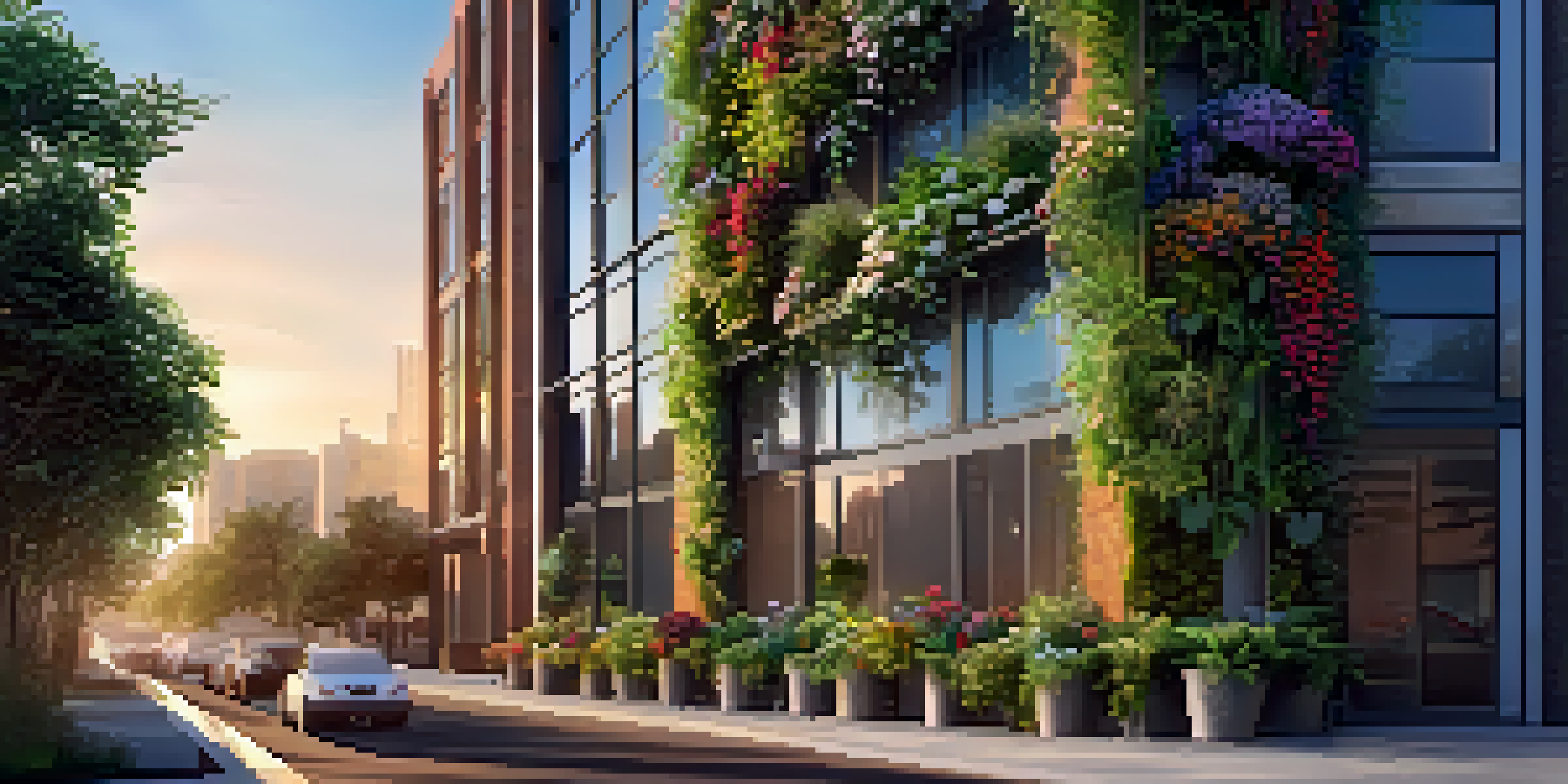 A colorful vertical garden with diverse plants on a city building, illuminated by sunset light.