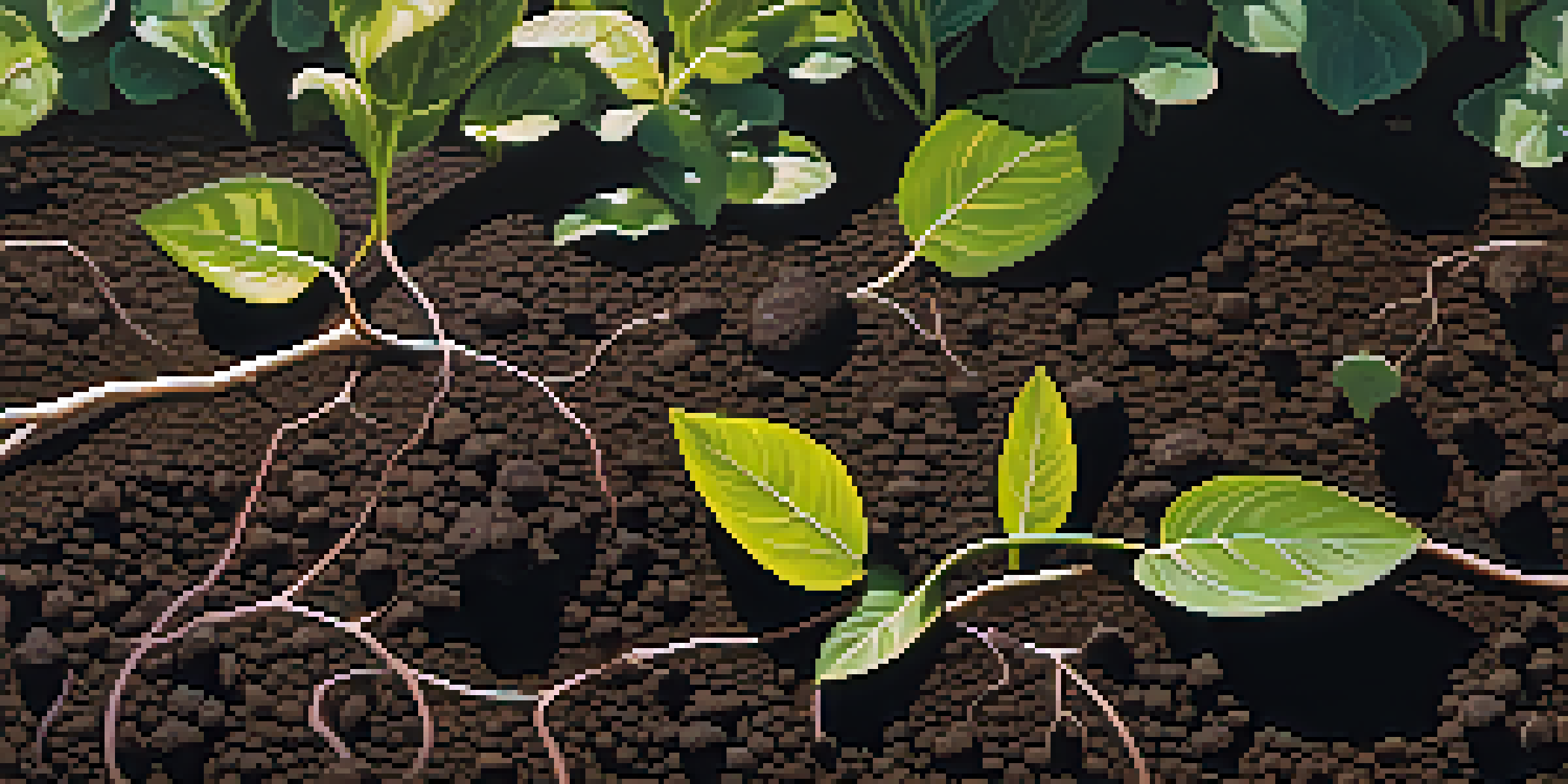 A detailed close-up view of healthy soil with layers of minerals and organic matter, illuminated by sunlight filtering through leaves.