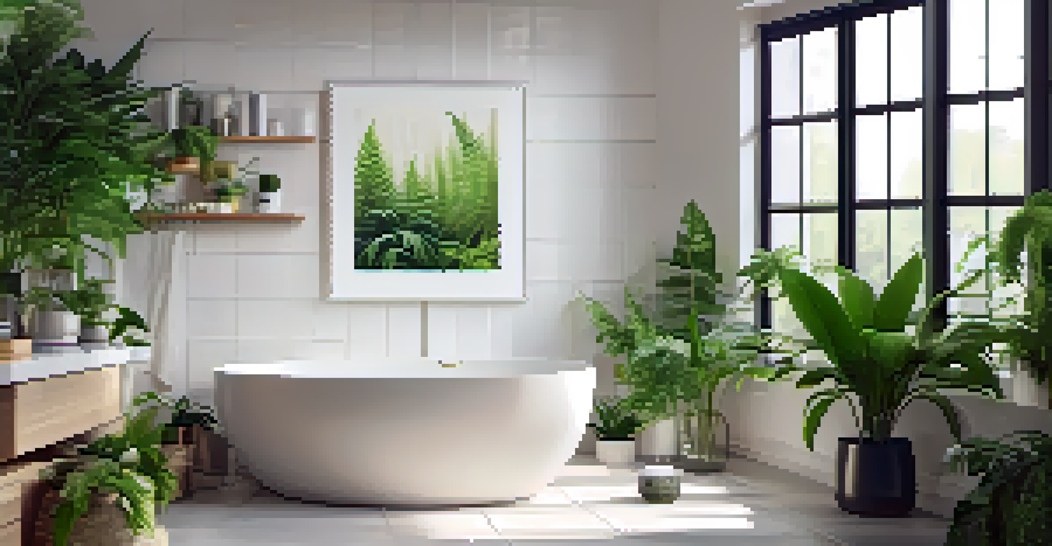 A peaceful bathroom with green ferns and spider plants on a shelf, natural light shining through, creating a tranquil setting.