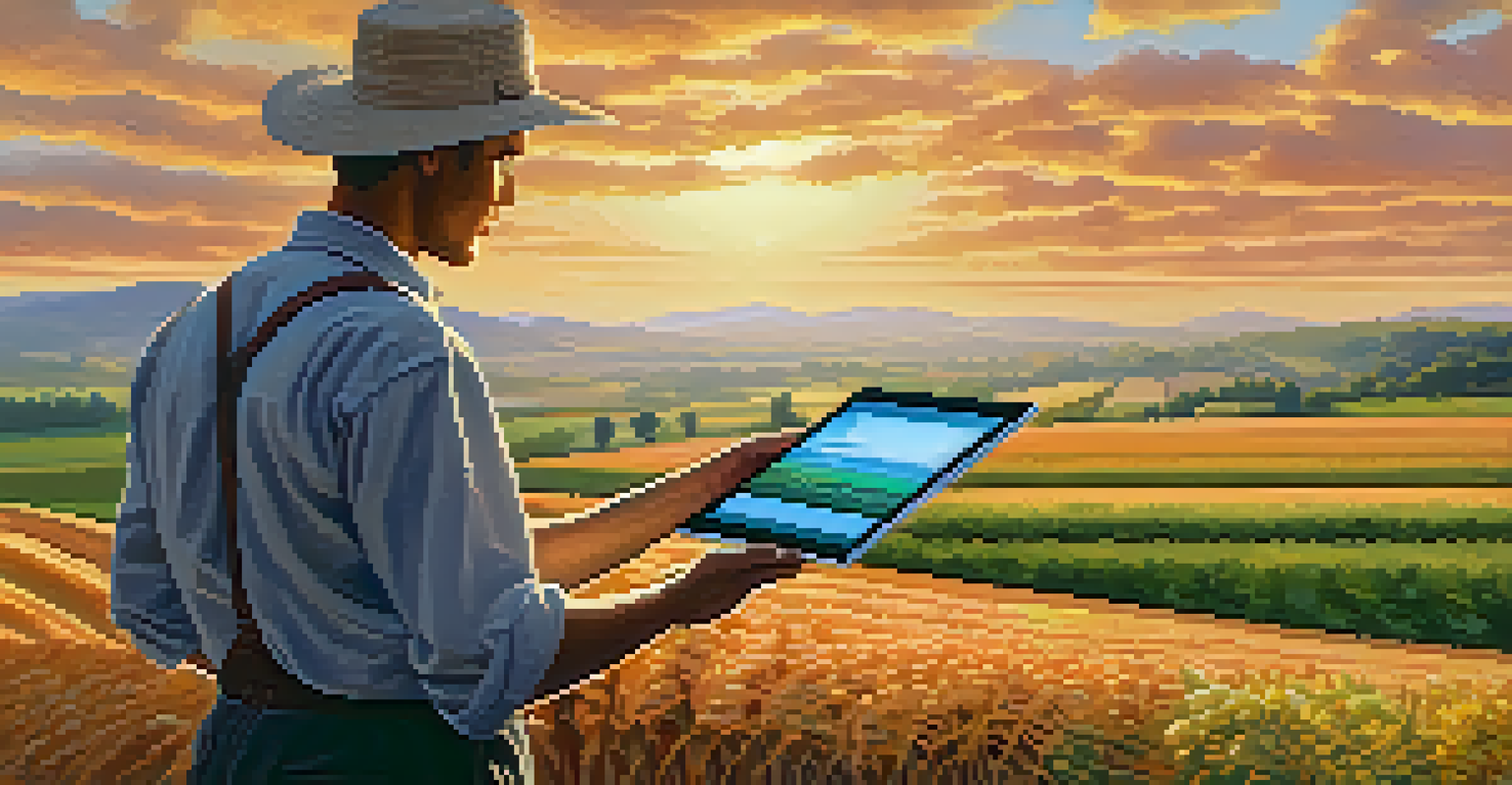 A farmer in a diverse crop field holding a tablet, with rolling hills and a sunset in the background, representing technology and nature.