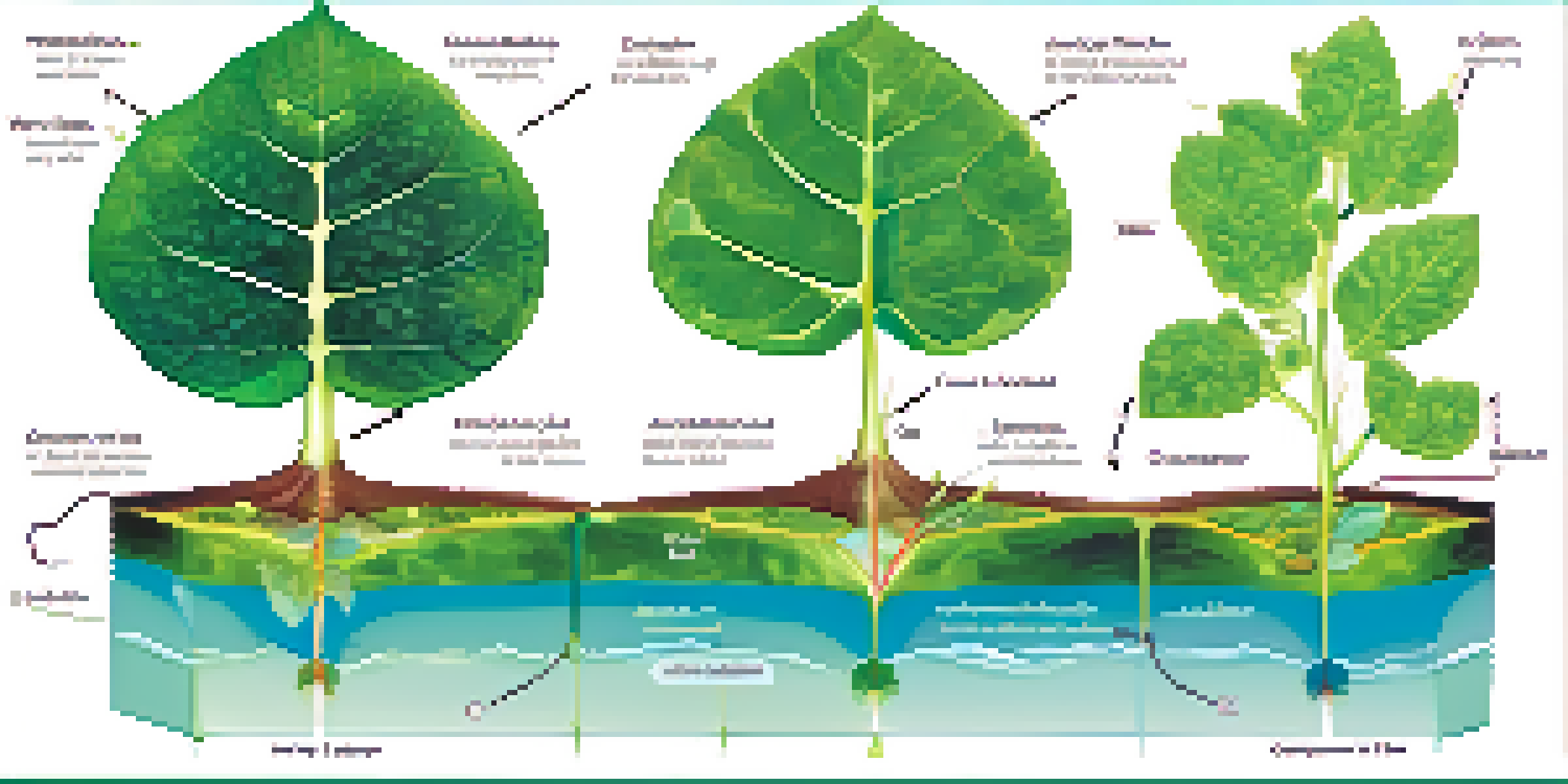 An illustration showing the internal structures of a leaf and the process of photosynthesis.