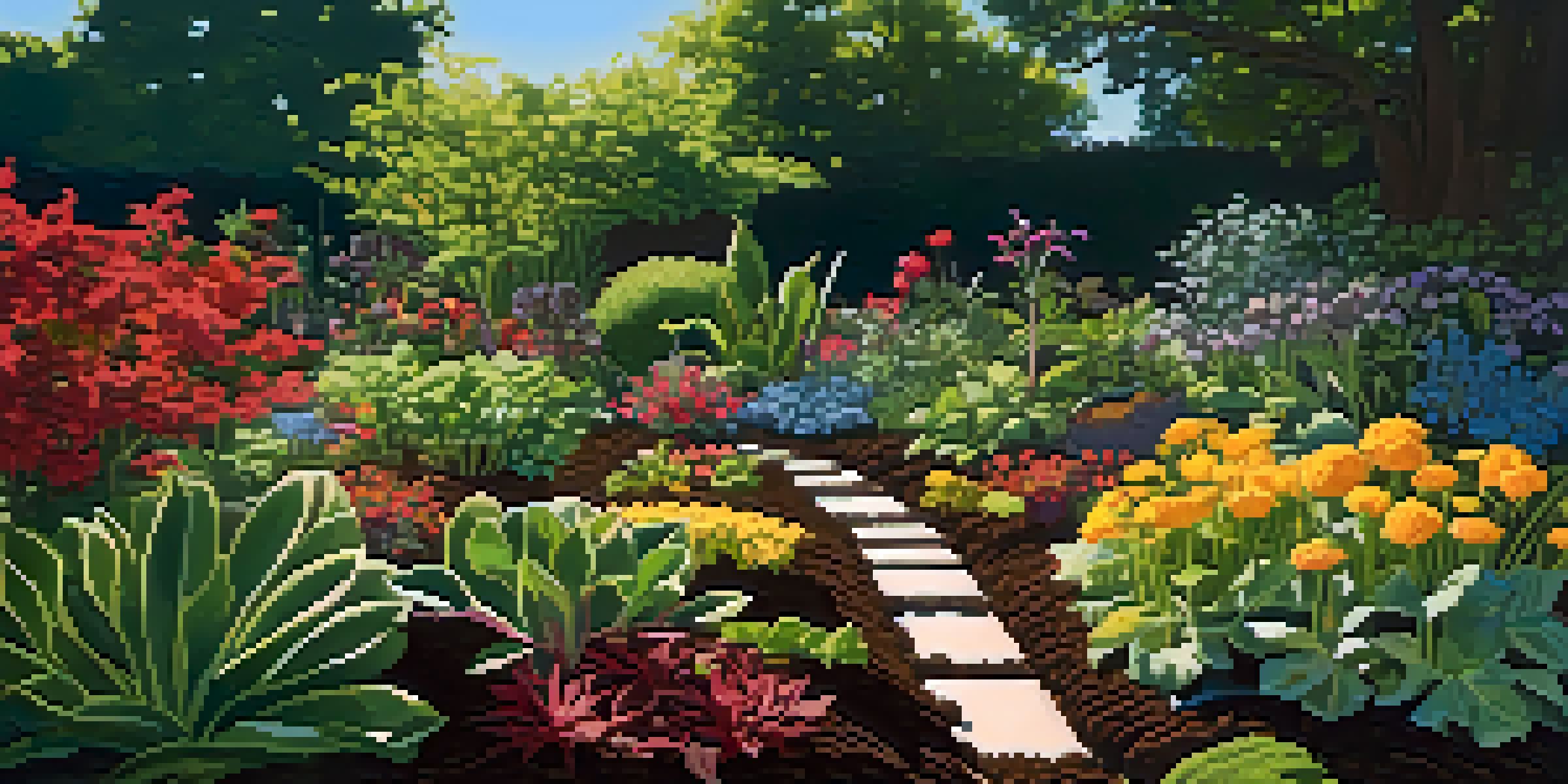 A vibrant garden with diverse plants growing in rich, dark soil layered with organic matter, illuminated by sunlight.