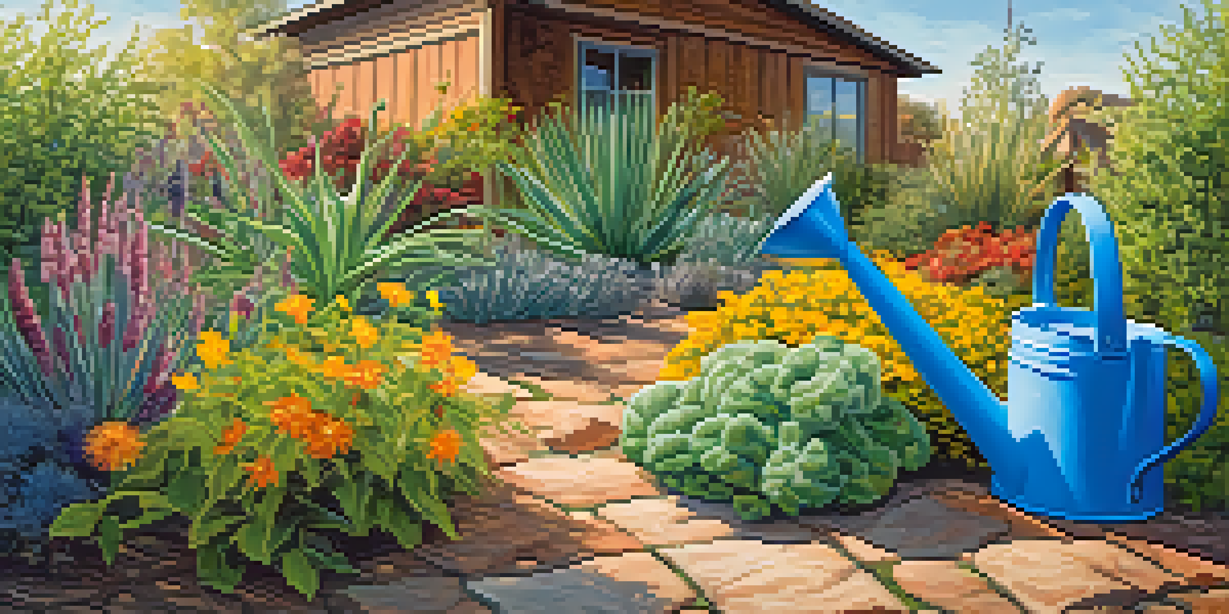 A colorful garden with drought-resistant plants under a bright blue sky, with sunlight filtering through leaves and a watering can nearby.