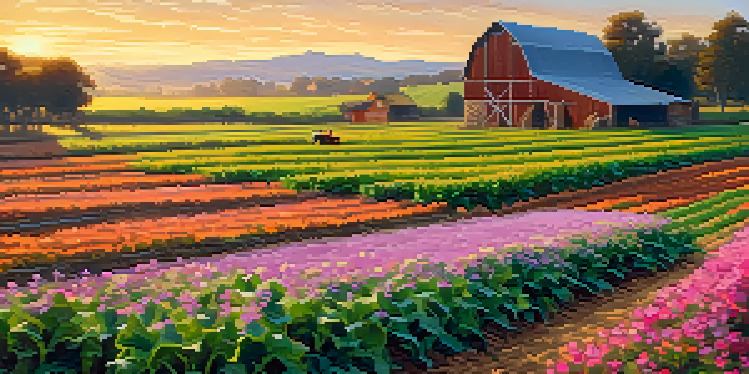 A peaceful organic farm at sunrise with green vegetable crops, wildflowers, a rustic barn, and a farmer tending to the plants.