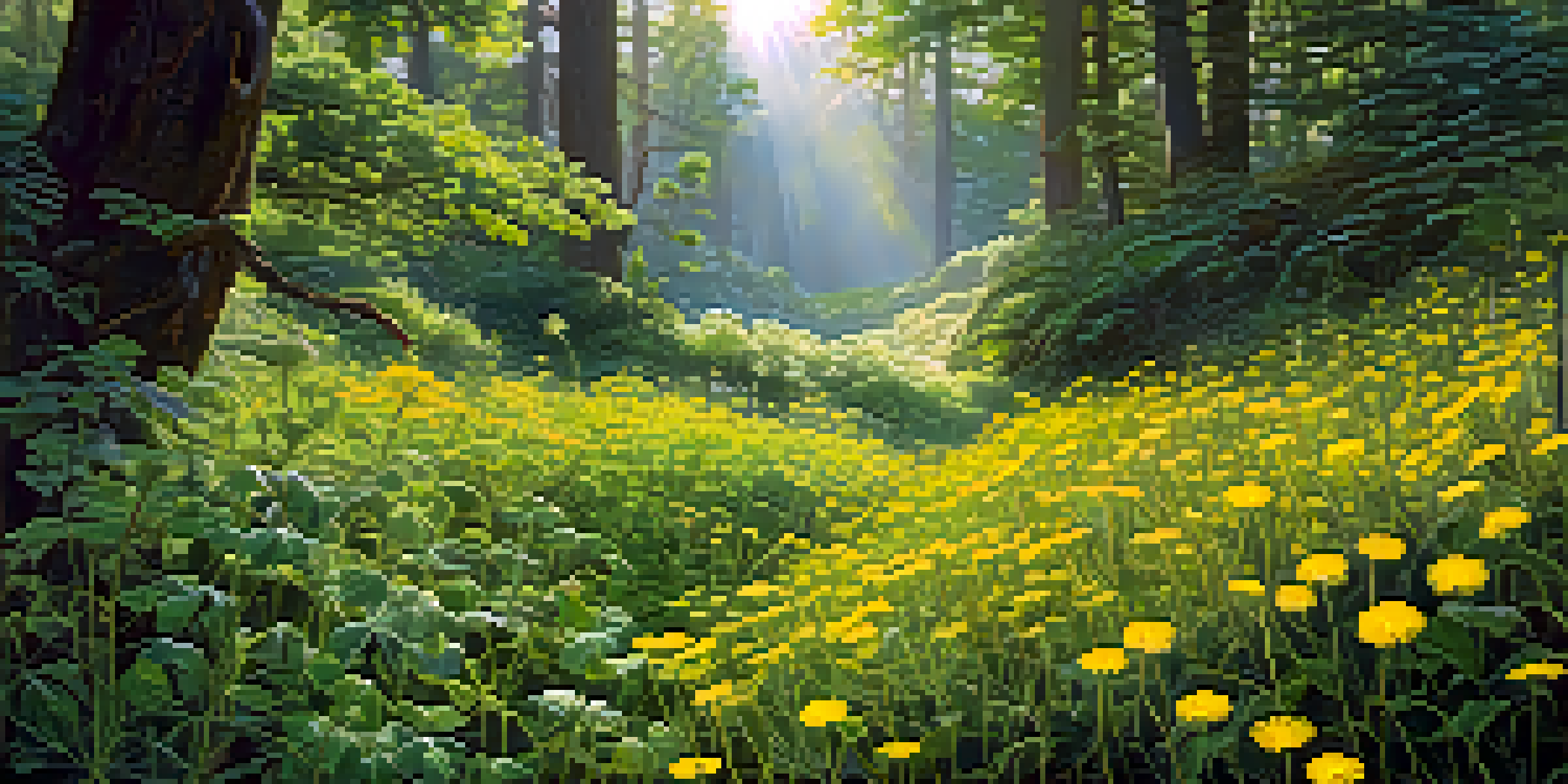 A bright forest clearing filled with wild edible greens, including dandelion and lamb's quarters, with sunlight shining through the trees.