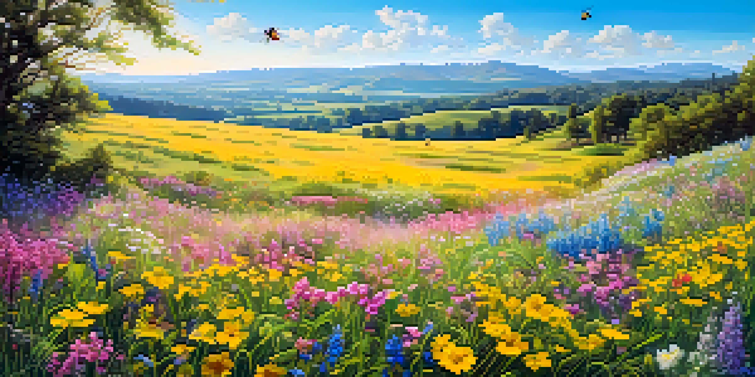 A colorful meadow with various wildflowers and buzzing bees under a clear blue sky.