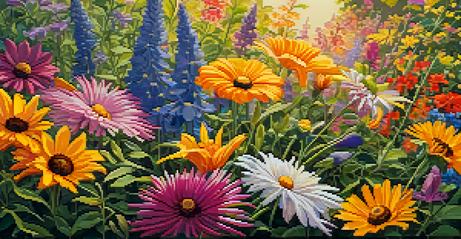 A lively arrangement of wildflowers in a cascading style, with a mix of colors illuminated by golden light.