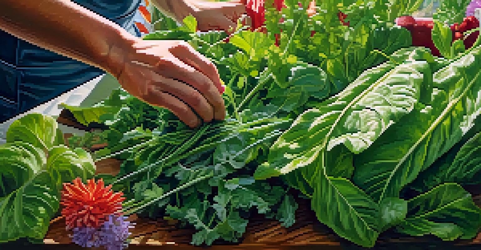 A close-up view of a hand using scissors to harvest greens from a plant, with a colorful background of other plants and flowers.