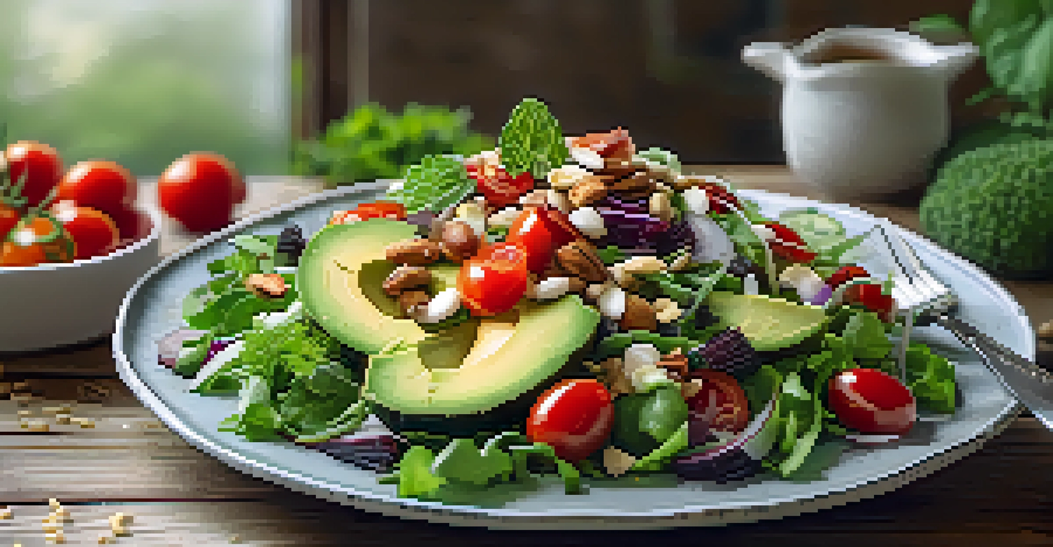 A colorful plate of salad with mixed greens, tomatoes, cucumber, and avocado on a rustic wooden table, illuminated by soft natural light.
