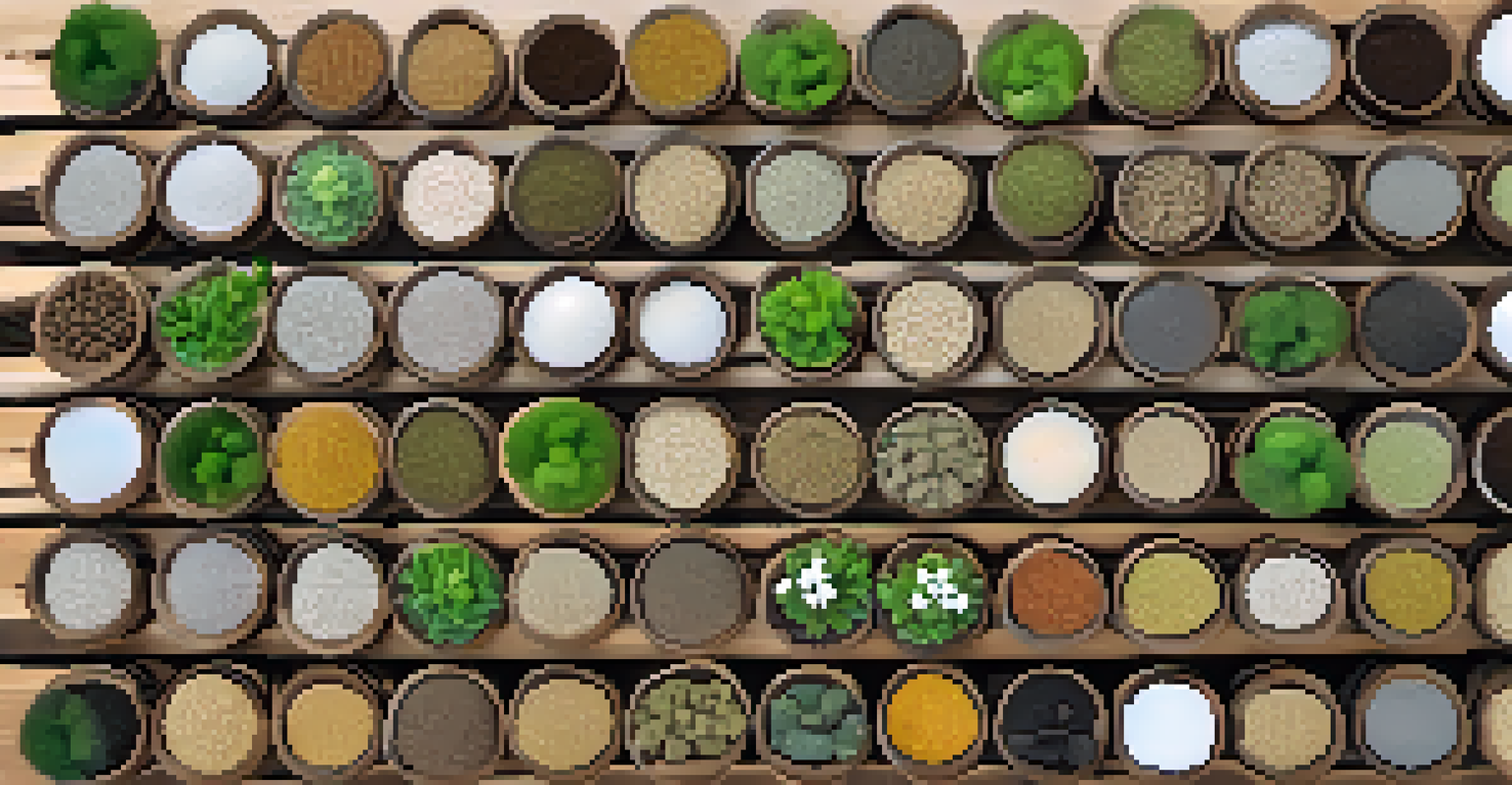 A display of different hydroponic growing media in clear containers on a wooden background, labeled with their names.