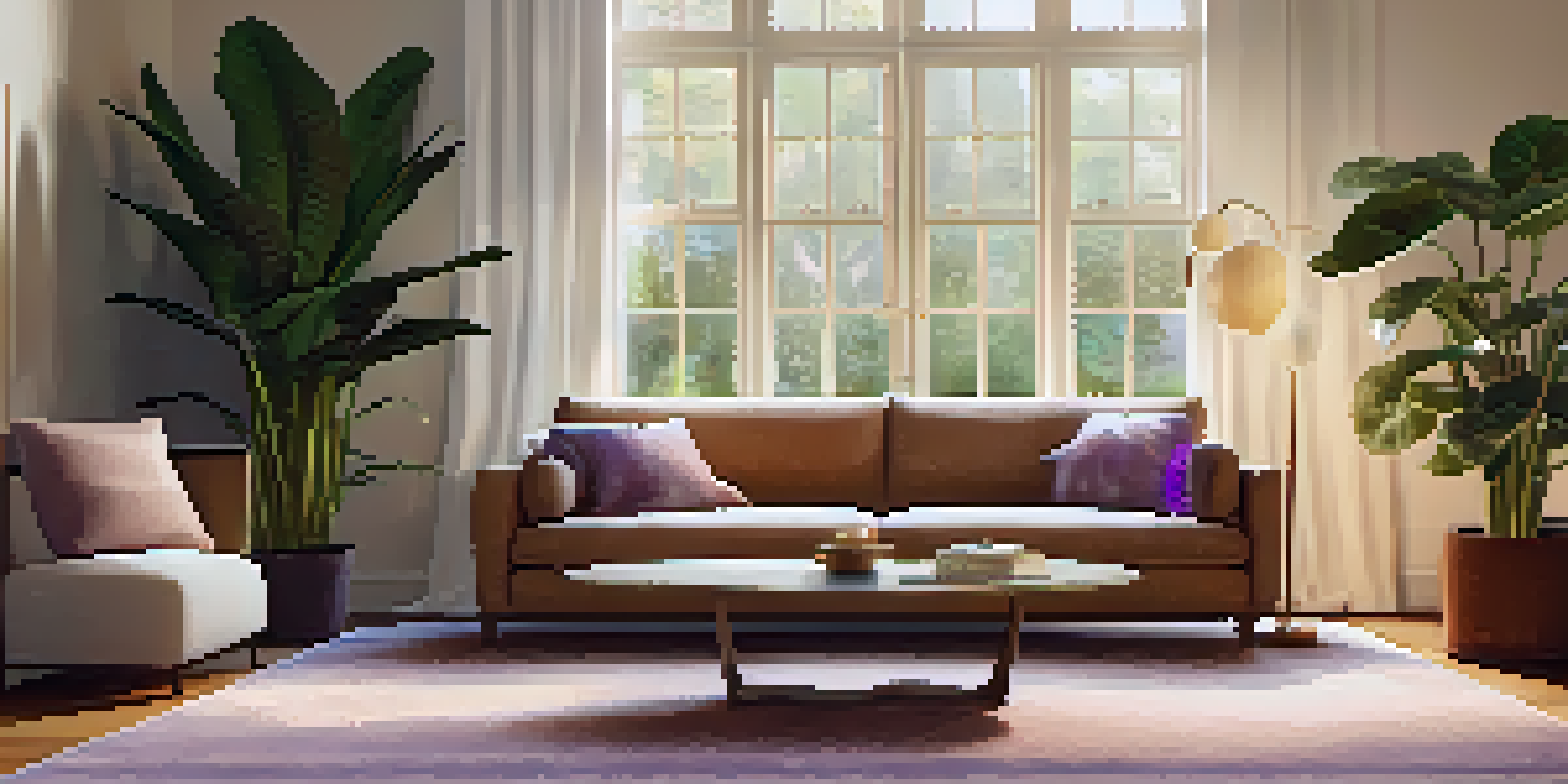 A warm and inviting living room featuring a rubber plant, peace lily, and African violet, with soft lighting and earthy colors.