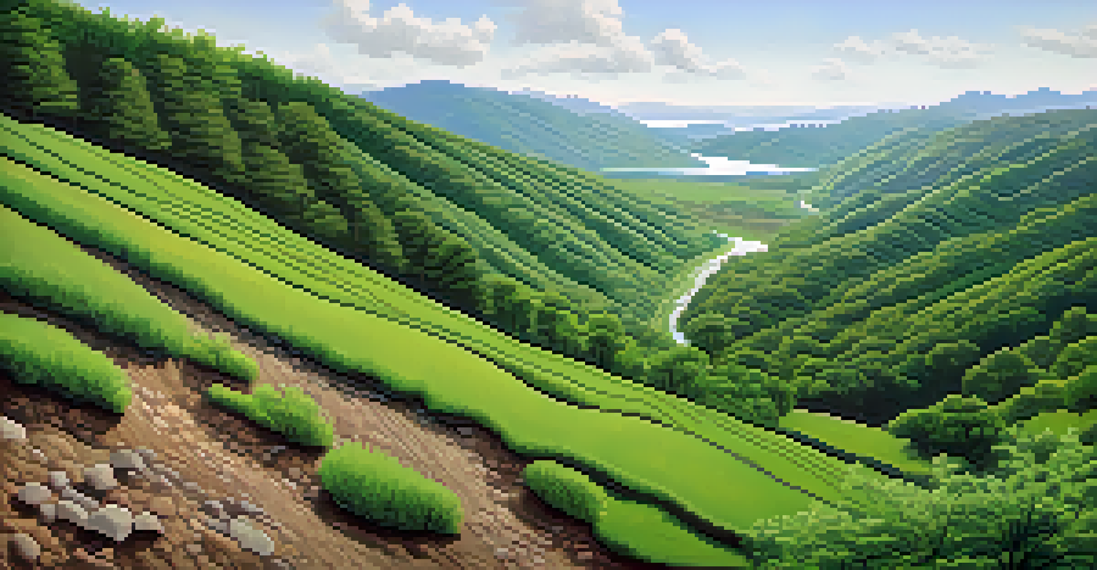 A reforested hillside with young trees planted to prevent erosion, showcasing a healthy environment with a flowing river in the background.