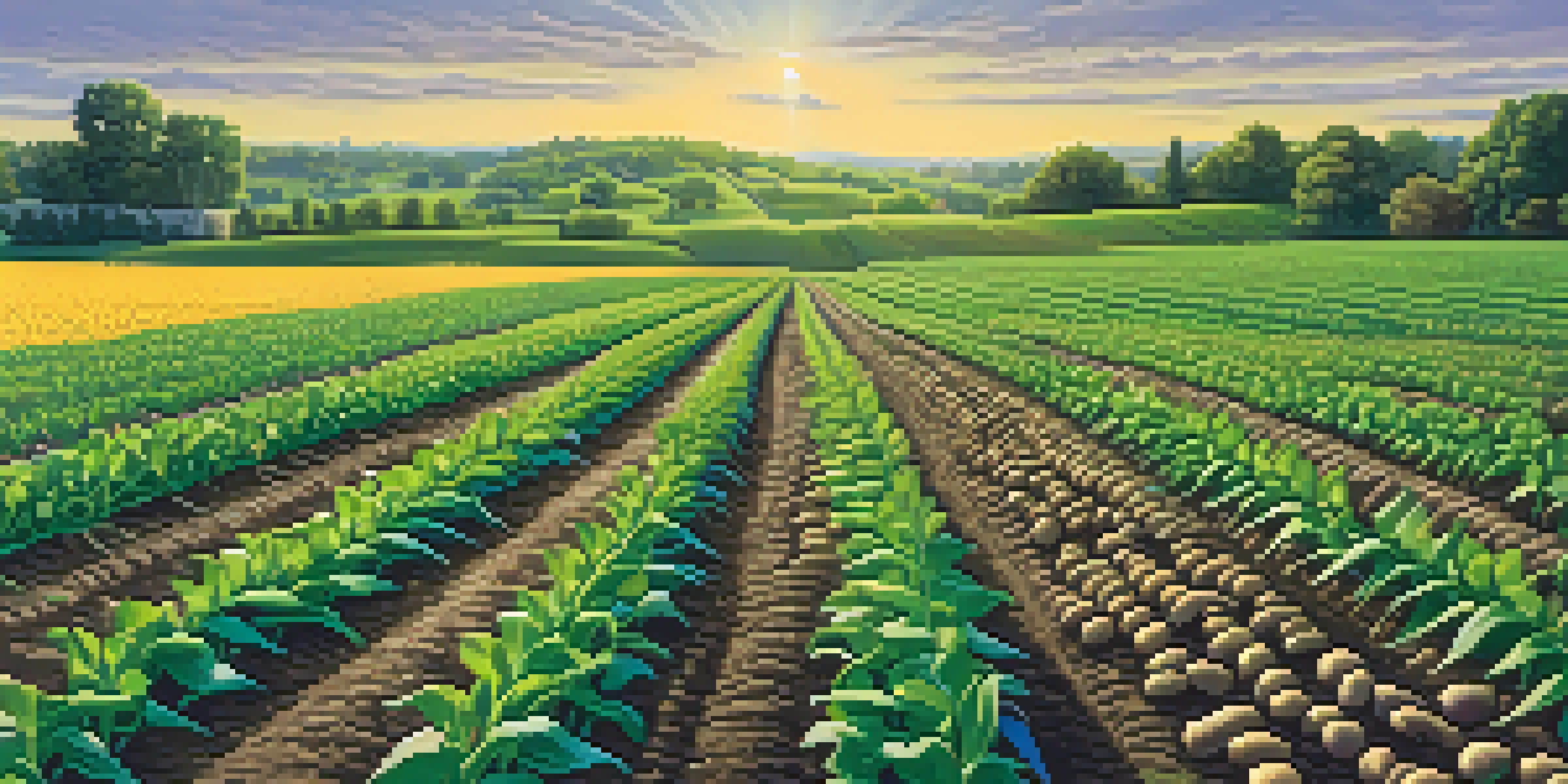 A colorful agricultural field with various crops growing in rows, showcasing the practice of crop rotation.