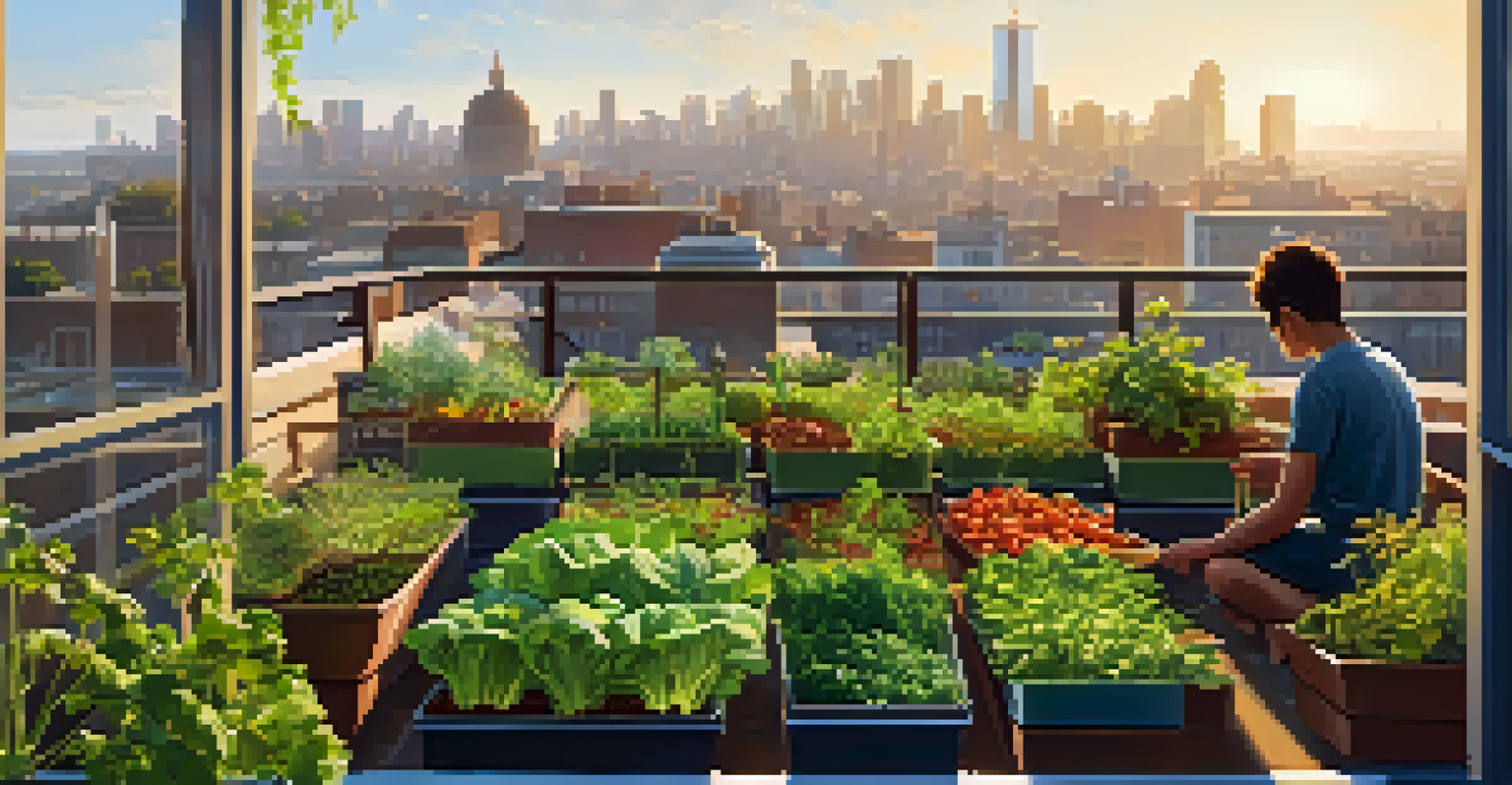 A rooftop garden filled with vegetables and herbs, with a city skyline in the background and a person watering the plants under golden sunlight.