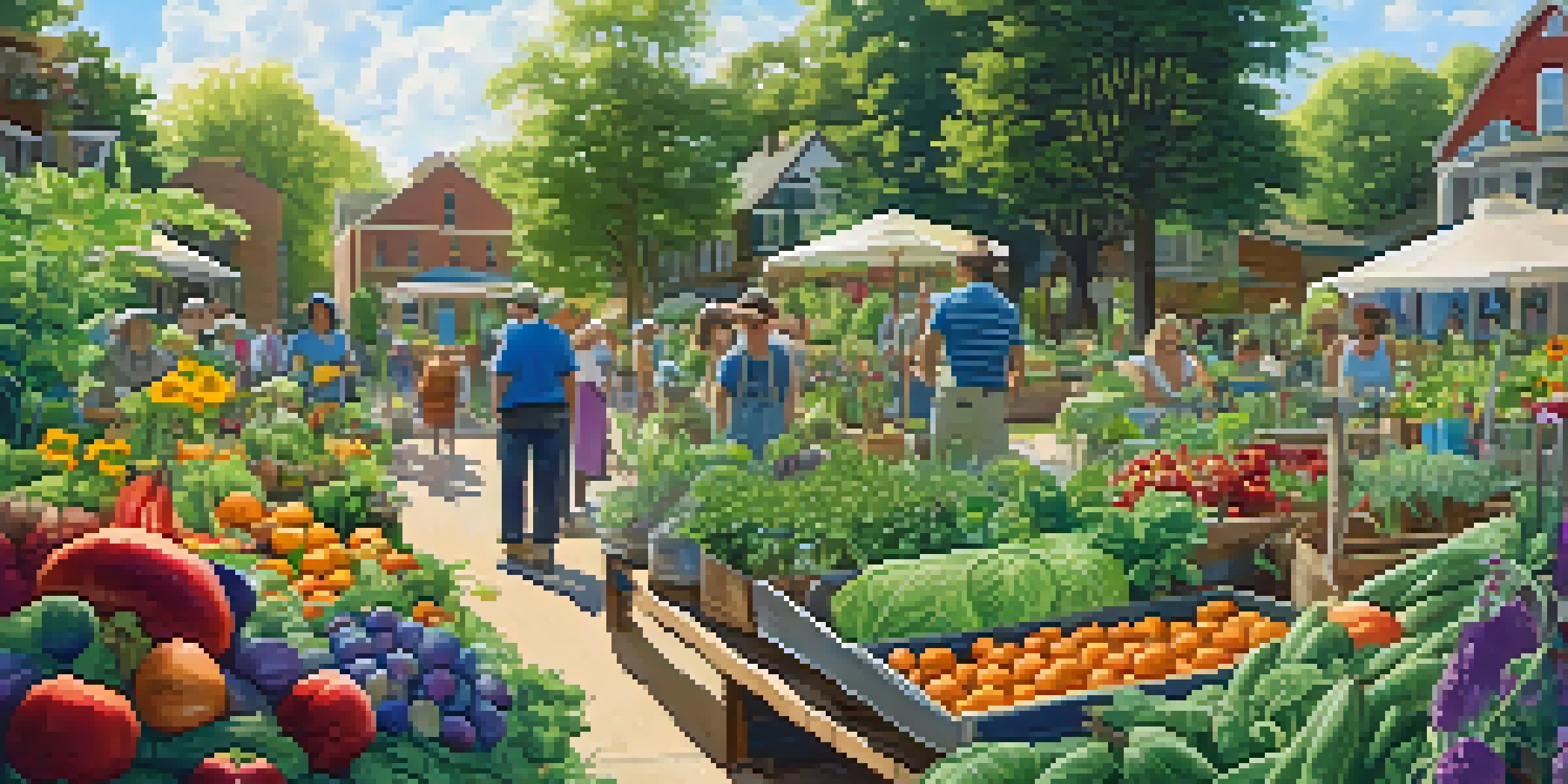 A lively community garden with people tending to colorful plants and flowers under a sunny sky.