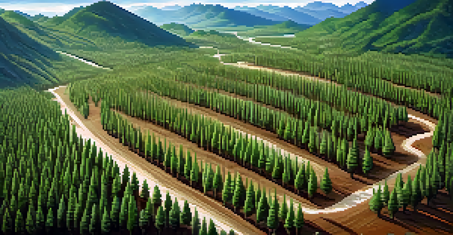 An aerial view of a reforestation area showing organized rows of young trees in a previously deforested landscape under a blue sky.