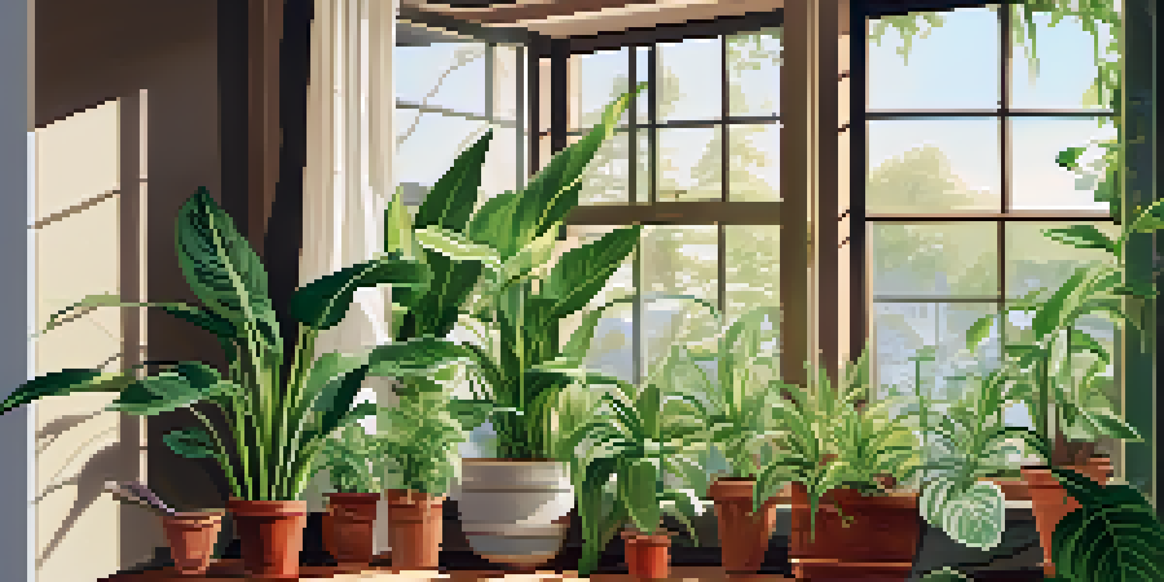 A cozy indoor living space filled with various air-purifying plants on a windowsill, with sunlight filtering through curtains.
