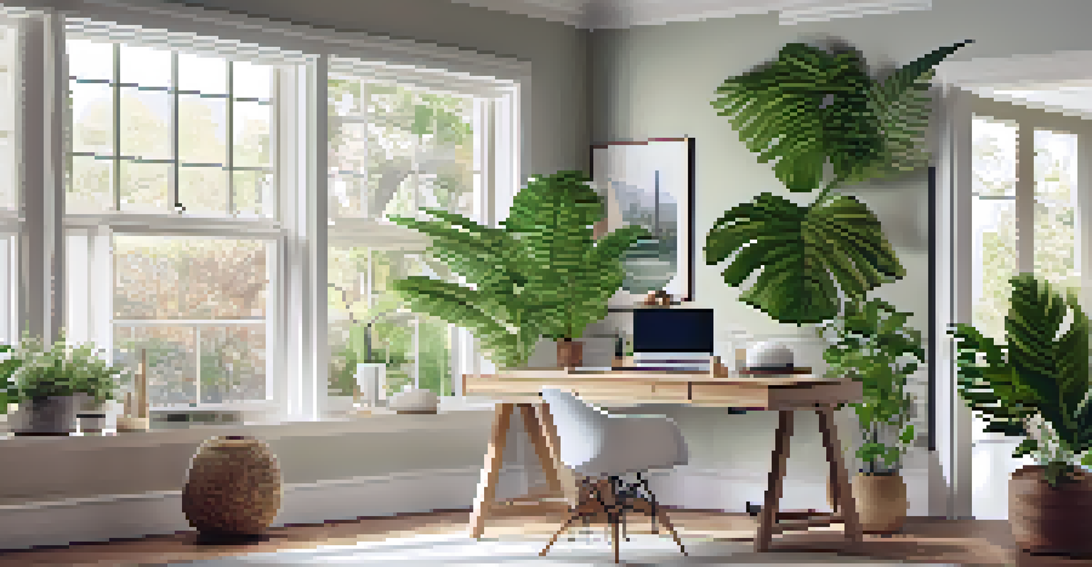 A calm home office with a Rubber Plant and Boston Fern on a desk, softly lit with a garden view outside.