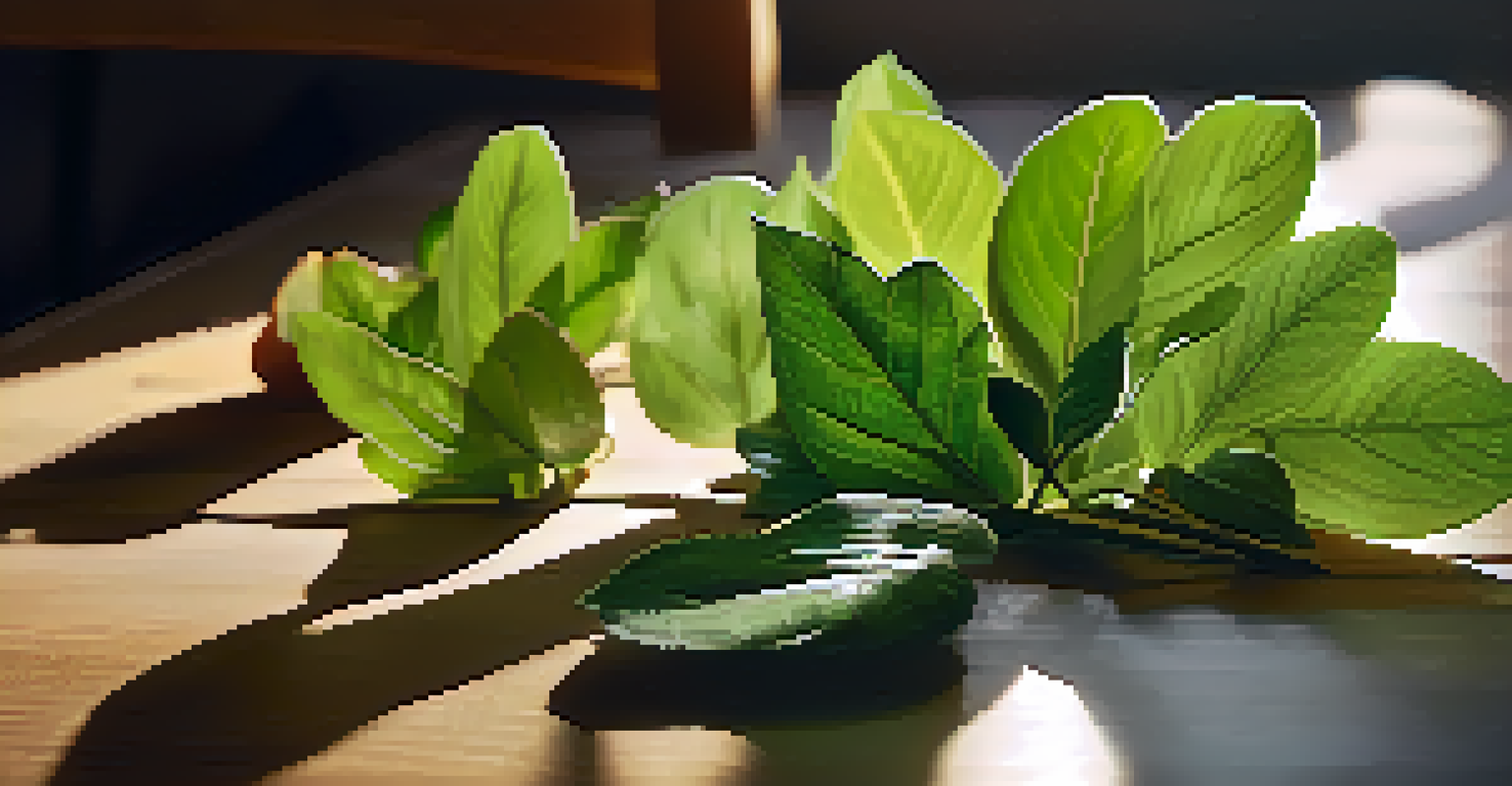A collection of diverse plant leaves on a wooden table, illuminated by sunlight, showcasing their unique shapes and textures.