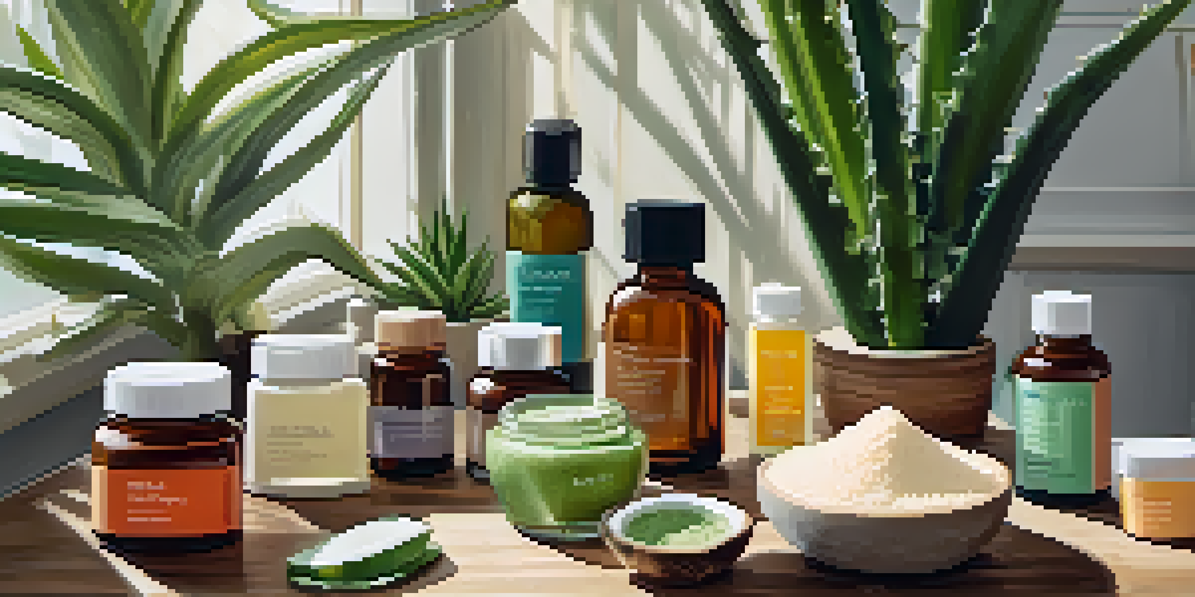 A flat lay of plant-based beauty products including oils and extracts on a wooden table, surrounded by natural ingredients like aloe vera and shea butter.