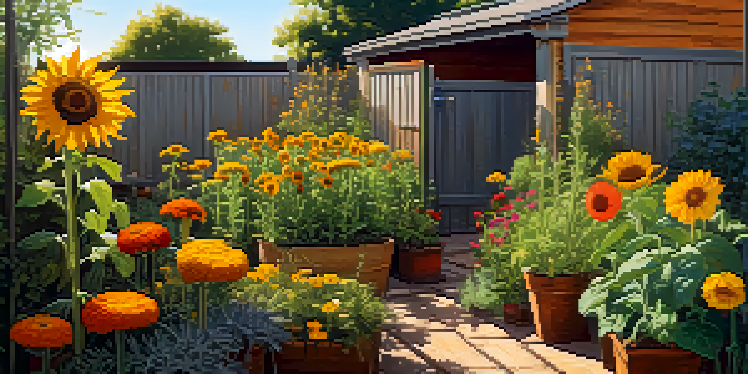 An urban garden with a variety of plants including sunflowers, herbs, and marigolds, with a rain barrel in the corner and morning sunlight casting shadows.